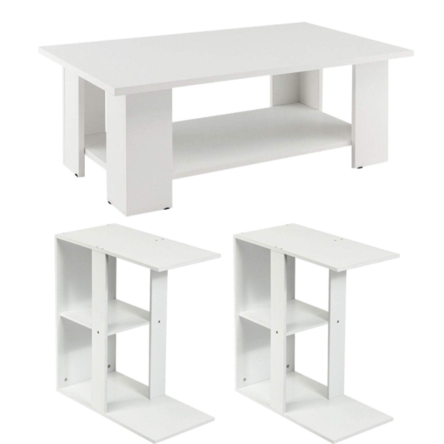 Finihen 3-Piece Coffee Table Set, Large 36 Inch 2-tier Wooden Modern Coffee Table with Storage Shelf & Set of 2 Narrow Side Table with Storage Shelf, for Living Room, White Finihen 3-Piece Coffee Table Set, Large 36 Inch 2-tier Wooden Modern Coffee Table with Storage Shelf & Set of 2 Narrow Side Table with Storage Shelf, for Living Room, White
