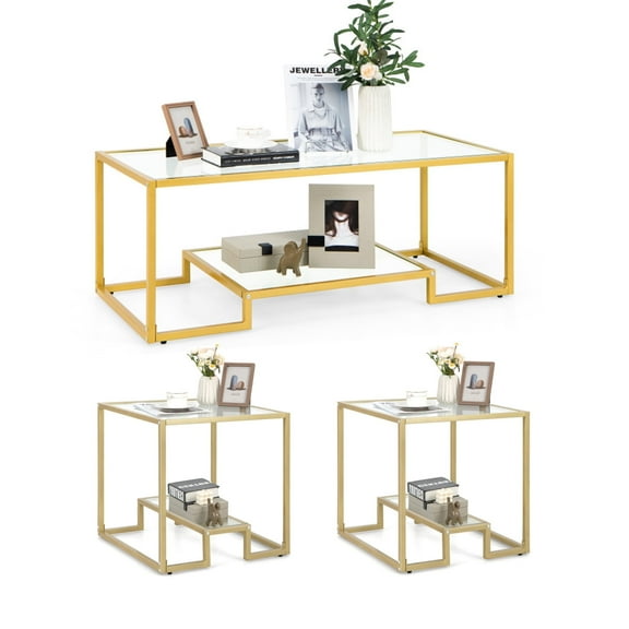 Demi Bonn 3-Piece Coffee Table Set, Modern 2-Tier Rectangular Coffee Table with Glass Table Top & Set of 2 Square Sofa Side Table with Tempered Glass Tabletop, for Living Room, Gold