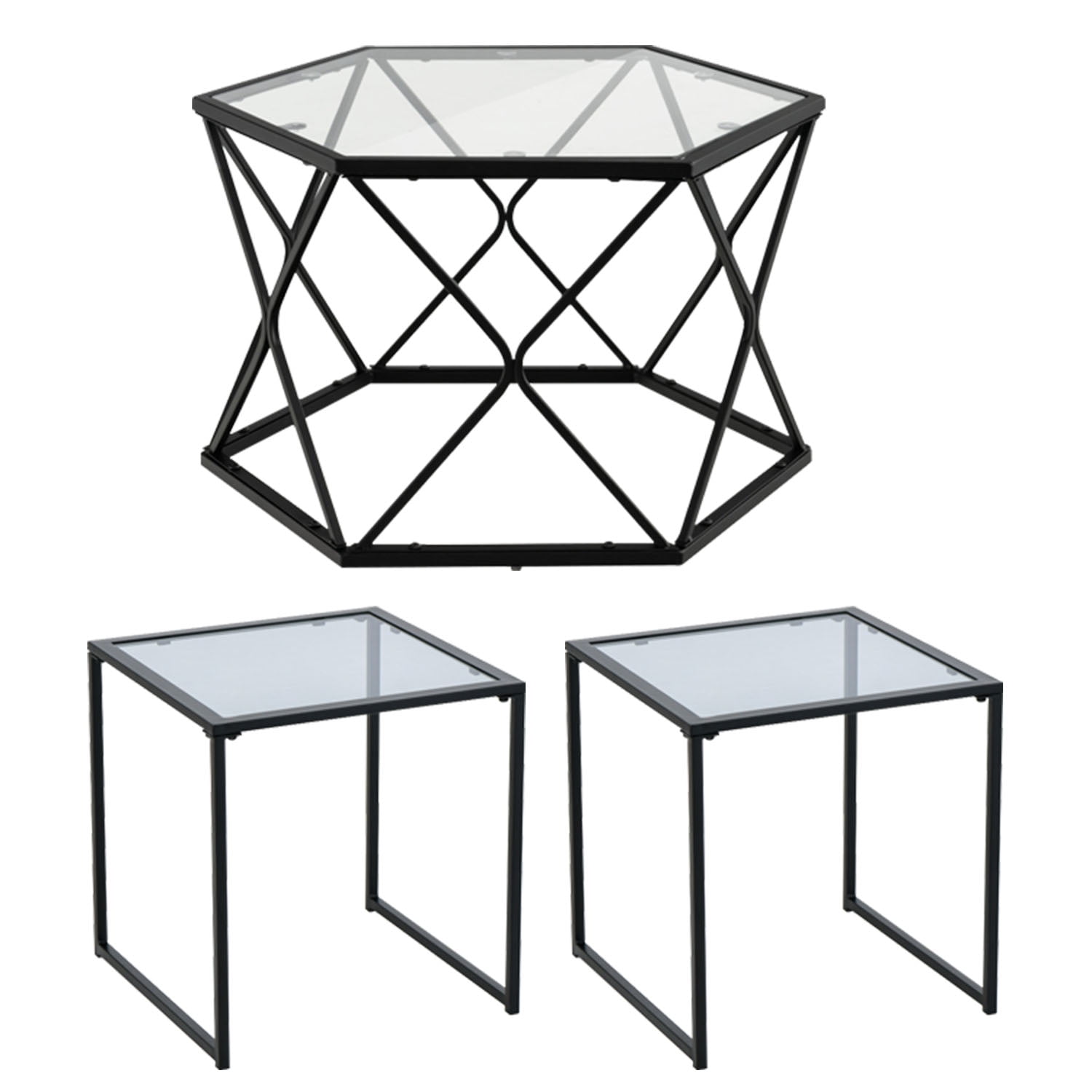 Finihen 3-Piece Coffee Table Set, Modern Accent Geometric Glass Coffee Table & Tempered Glass Side Table with Metal Frame, for Indoor and Outdoor, Black Finihen 3-Piece Coffee Table Set, Modern Accent Geometric Glass Coffee Table & Tempered Glass Side Table with Metal Frame, for Indoor and Outdoor, Black
