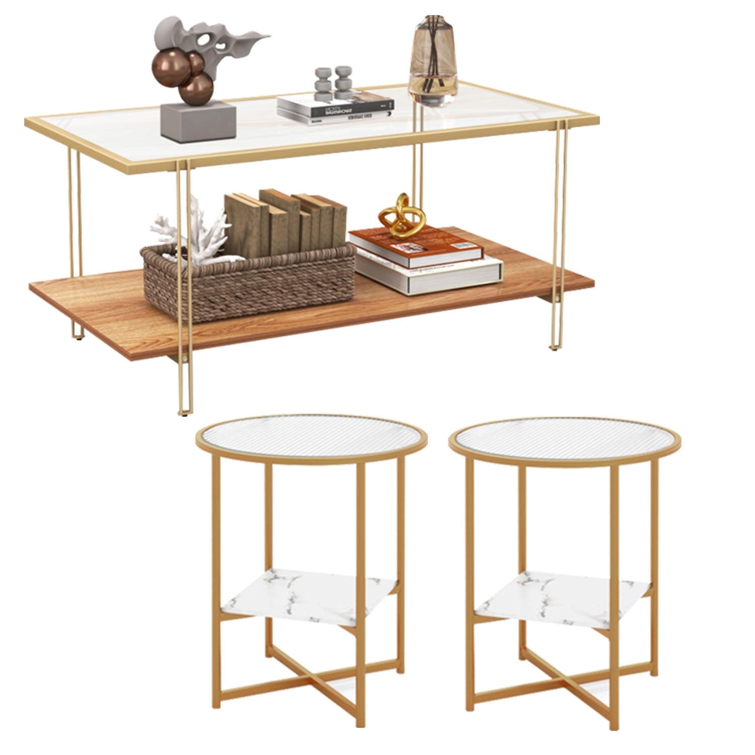 Demi Bonn 3-Piece Coffee Table Set, Rectangle Glass Coffee Table with Steel Frame & 2-Tier Glass End Table Set of 2 with Faux Marble Storage Shelf, for Living Room, Gold