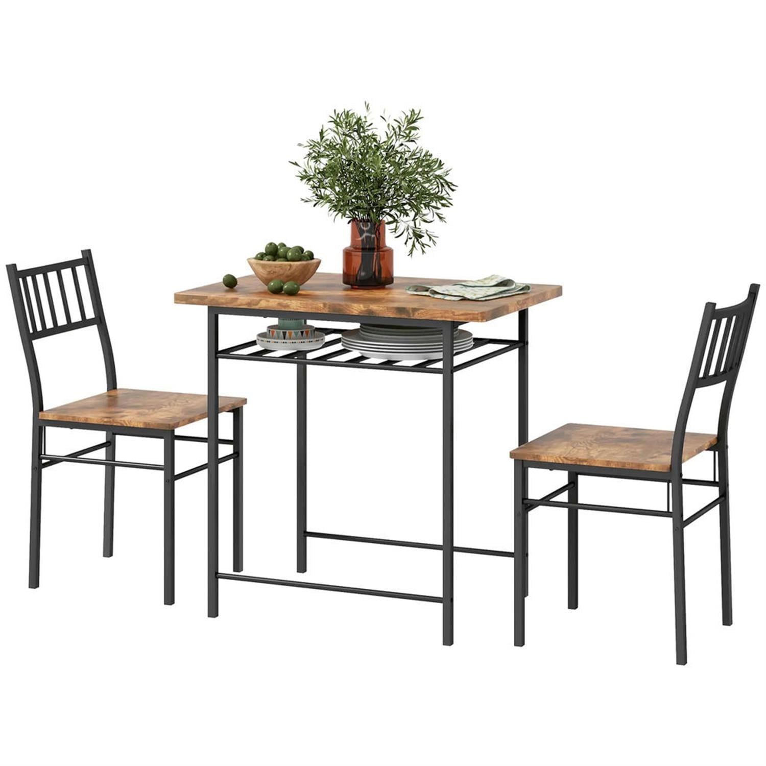 Demi Bonn 3 Piece Dining Table Set for Small Spaces with Storage Rack and Steel Frame, Kitchen Table and Chairs for 2 Dining Room Set with 2 Chairs, Brown