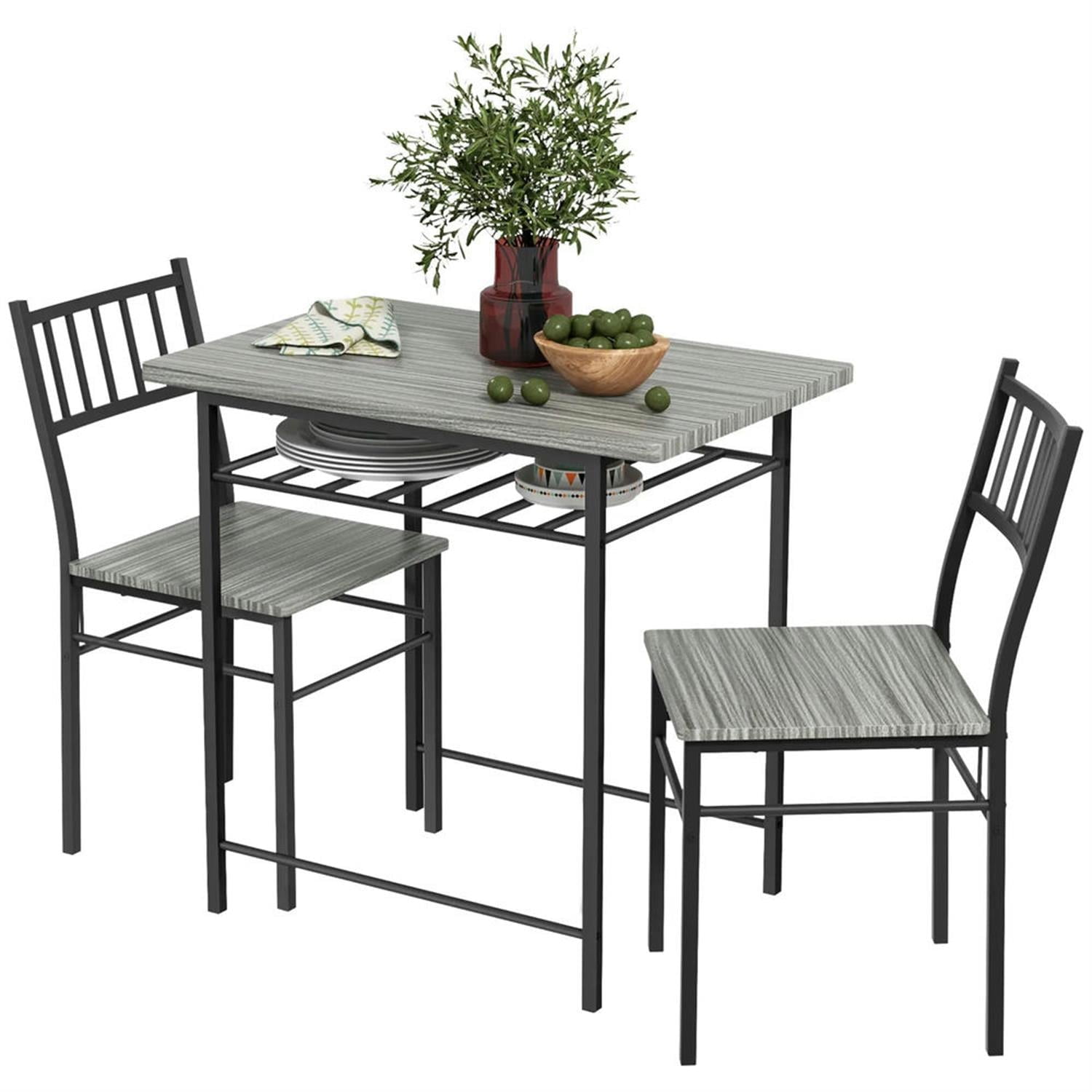 Demi Bonn 3 Piece Dining Table Set for Small Spaces with Storage Rack and Steel Frame, Kitchen Table and Chairs for 2 Dining Room Set with 2 Chairs, Gray