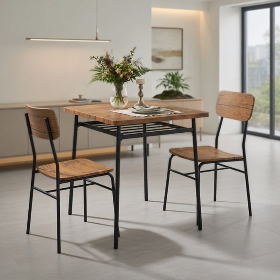 Demi Bonn 3-Piece Dining Table Set with 2 Chairs, 28" Wood Square Kitchen Table with Metal Frame, Perfect for Small Space, Brown
