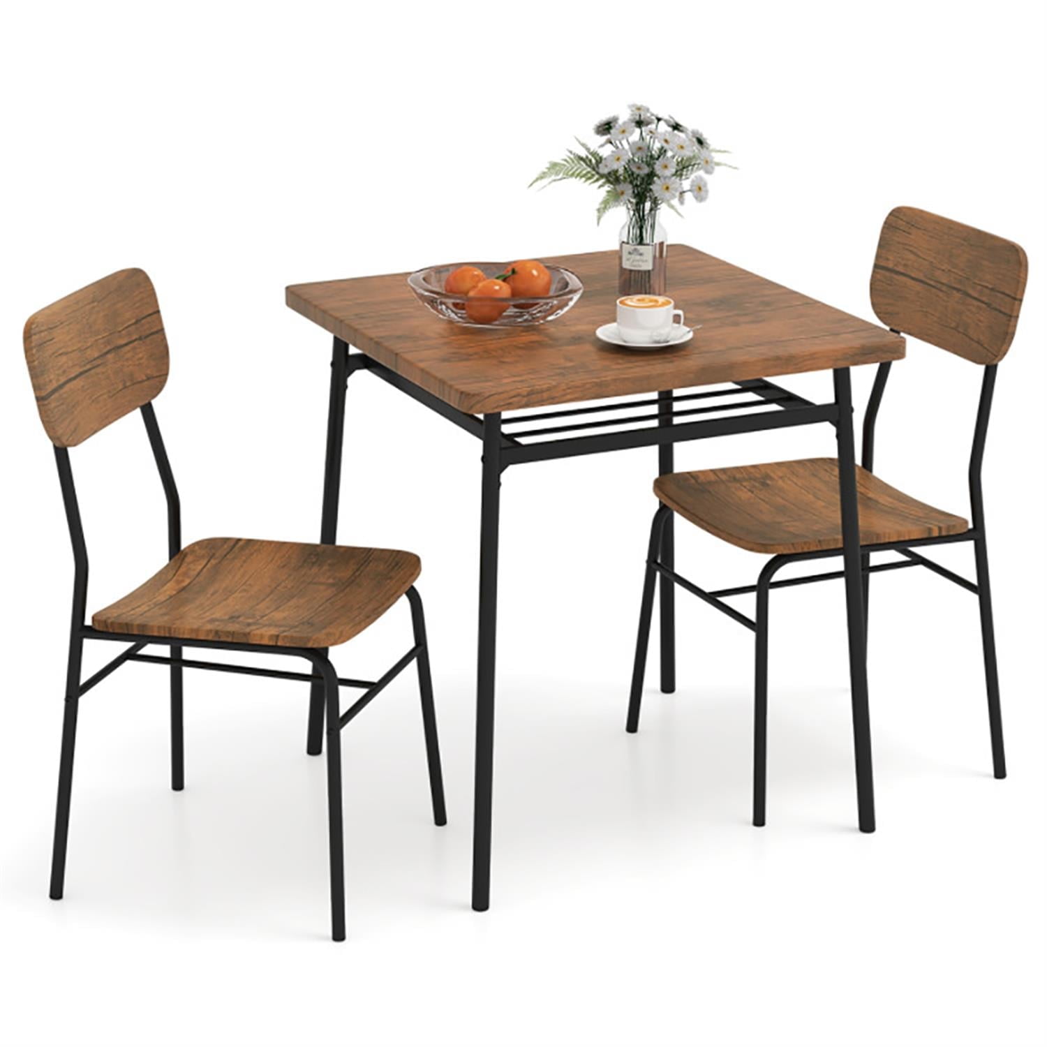 Demi Bonn 3-Piece Dining Table Set with 2 Chairs, 28" Wood Square Kitchen Table with Metal Frame, Perfect for Small Space, Brown