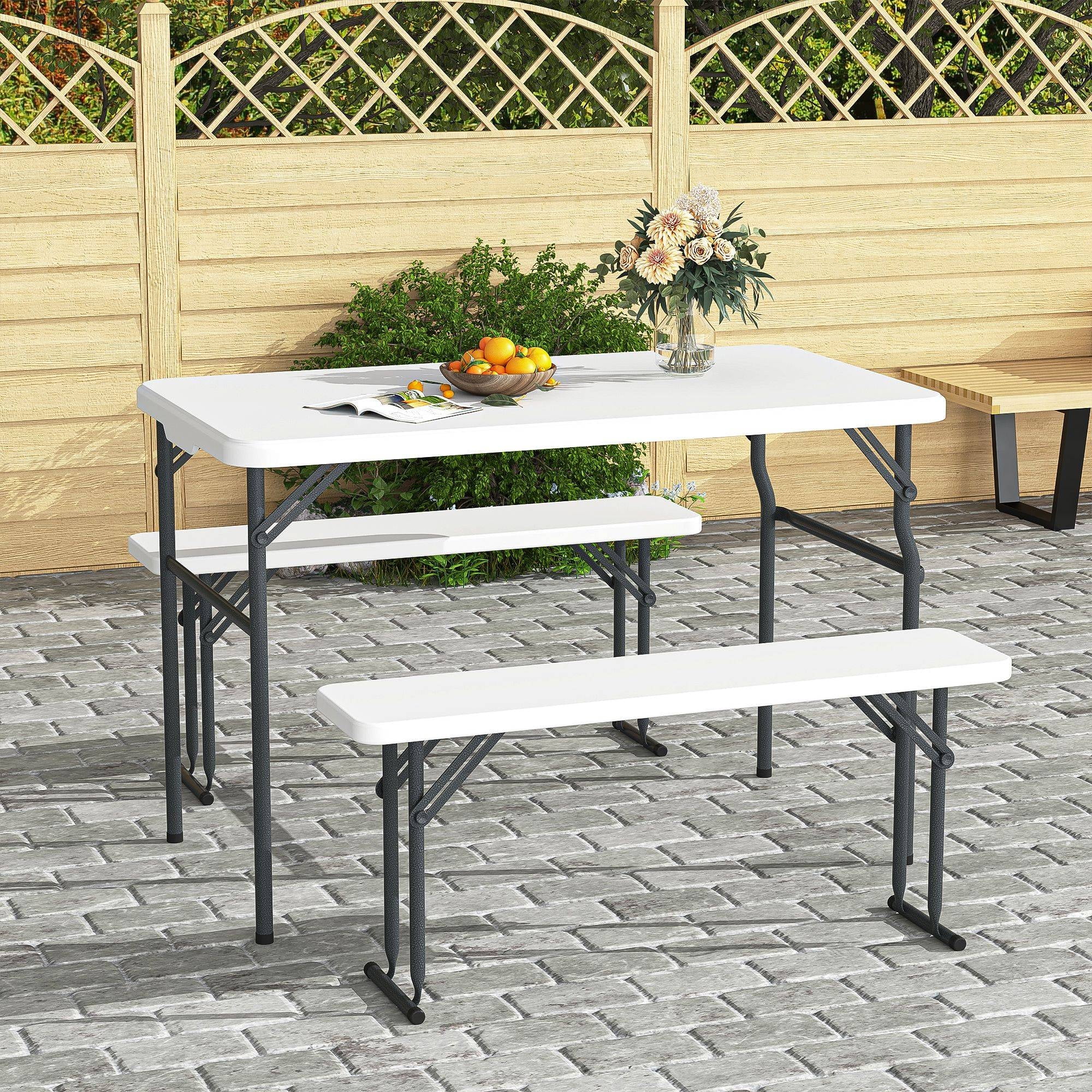 Demi Bonn 3-Piece Folding Picnic Table Set with 2 Benches, 6 Feet Camping Table Chair Set fordoor or Outdoor Use, Smooth Tabletop, White