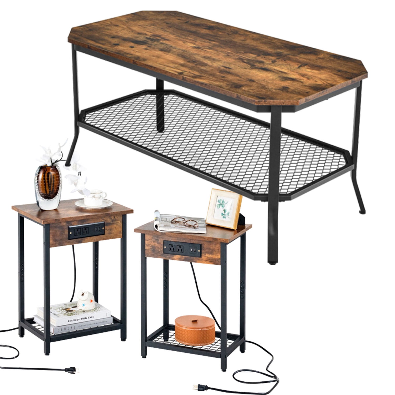 Finihen 3-Piece Industrial Coffee Table Set, 2-Tier Coffee Table with Open Mesh Storage Shelf & 2 Bedside Nightstands with Open Shelf and Charging Station, for Living Room, Brown Finihen 3-Piece Industrial Coffee Table Set, 2-Tier Coffee Table with Open Mesh Storage Shelf & 2 Bedside Nightstands with Open Shelf and Charging Station, for Living Room, Brown