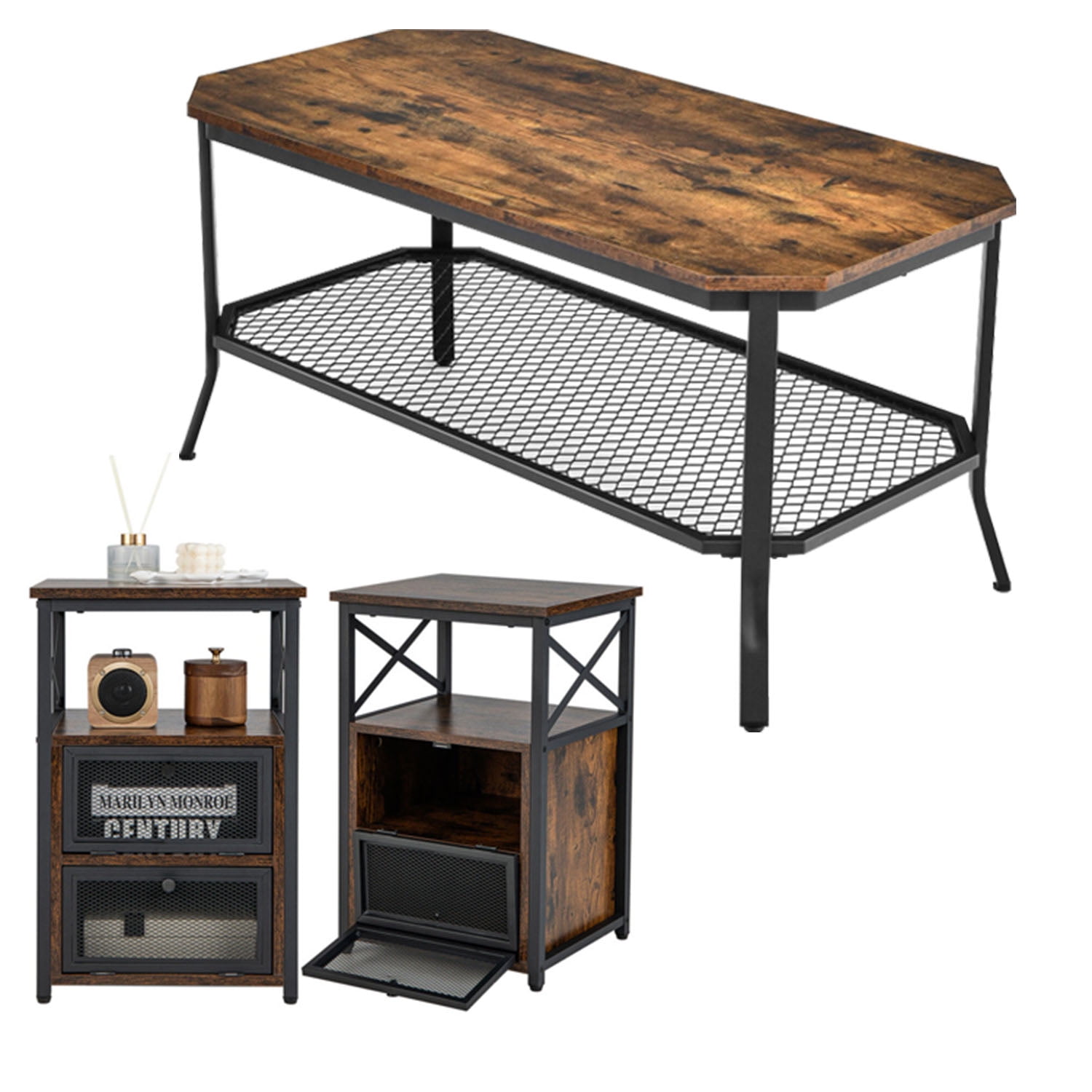Finihen 3-Piece Industrial Coffee Table Set, 2-Tier Coffee Table with Open Mesh Storage Shelf & 2 Modern Nightstands with Flip Drawers and Open Shelves, for Living Room, Brown Finihen 3-Piece Industrial Coffee Table Set, 2-Tier Coffee Table with Open Mesh Storage Shelf & 2 Modern Nightstands with Flip Drawers and Open Shelves, for Living Room, Brown