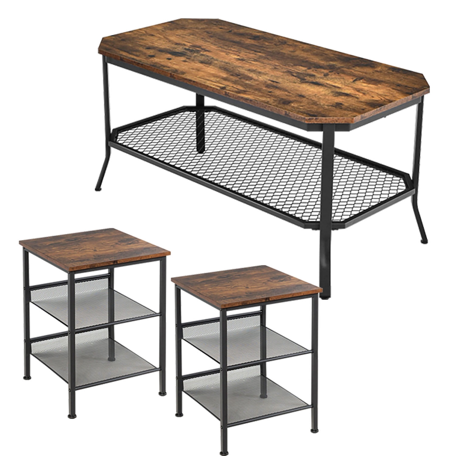 Finihen 3-Piece Industrial Coffee Table Set, 2-Tier Coffee Table with Open Mesh Storage Shelf & 3-Tier End Table with Adjustable and Mesh Shelves, for Living Room, Brown Finihen 3-Piece Industrial Coffee Table Set, 2-Tier Coffee Table with Open Mesh Storage Shelf & 3-Tier End Table with Adjustable and Mesh Shelves, for Living Room, Brown