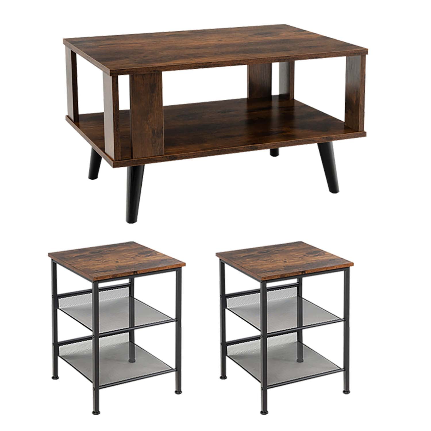 Finihen 3-Piece Industrial Coffee Table Set, Compact Mid-Century Coffee Table & 3-Tier Industrial End Table with Mesh Shelves and Adjustable Shelves, for Living Room, Brown Finihen 3-Piece Industrial Coffee Table Set, Compact Mid-Century Coffee Table & 3-Tier Industrial End Table with Mesh Shelves and Adjustable Shelves, for Living Room, Brown