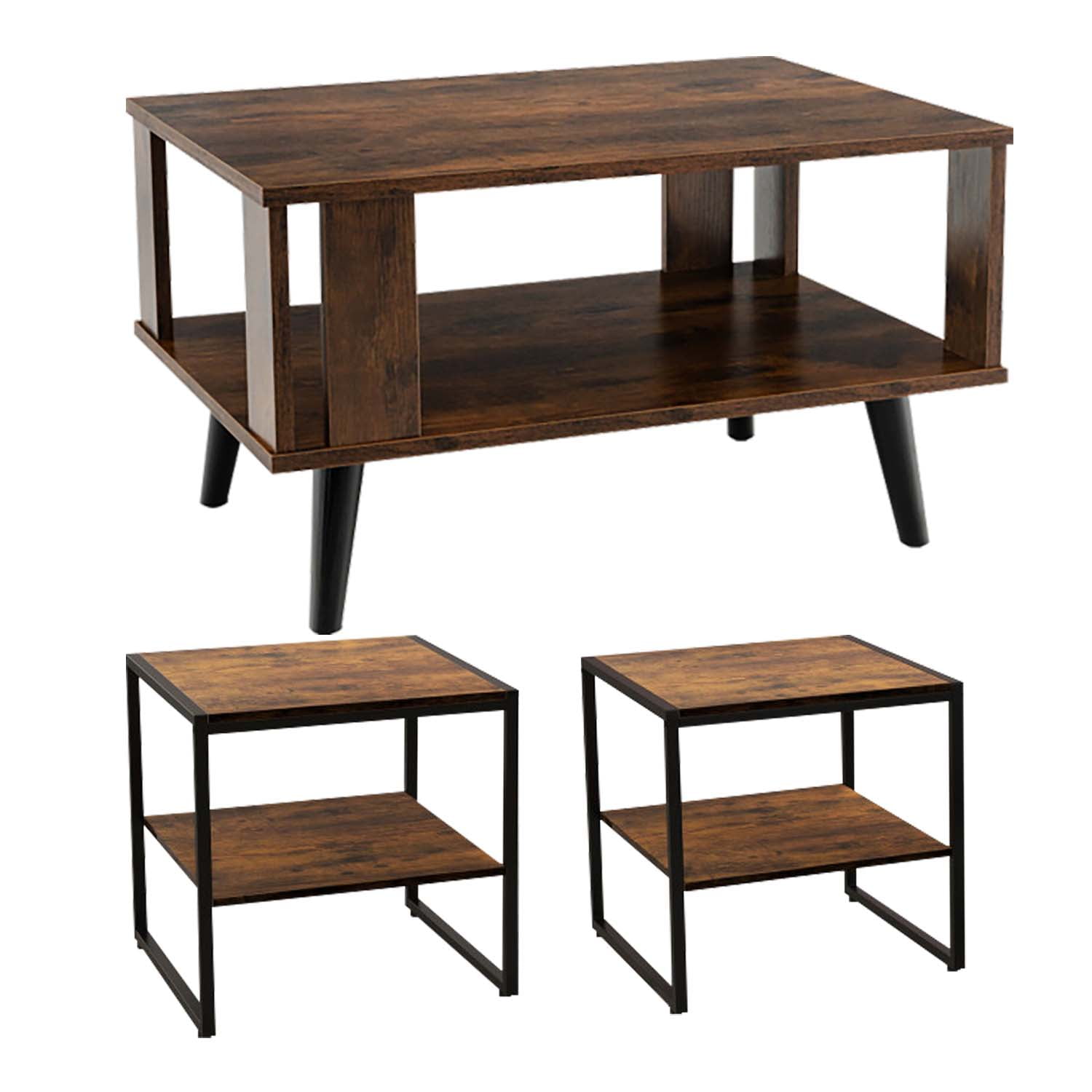 Finihen 3-Piece Industrial Coffee Table Set, Compact Mid-Century Coffee Table with Storage Open Shelf & 2 Industrial 2-Tier Side Tables with Open Shelf, for Living Room, Brown Finihen 3-Piece Industrial Coffee Table Set, Compact Mid-Century Coffee Table with Storage Open Shelf & 2 Industrial 2-Tier Side Tables with Open Shelf, for Living Room, Brown