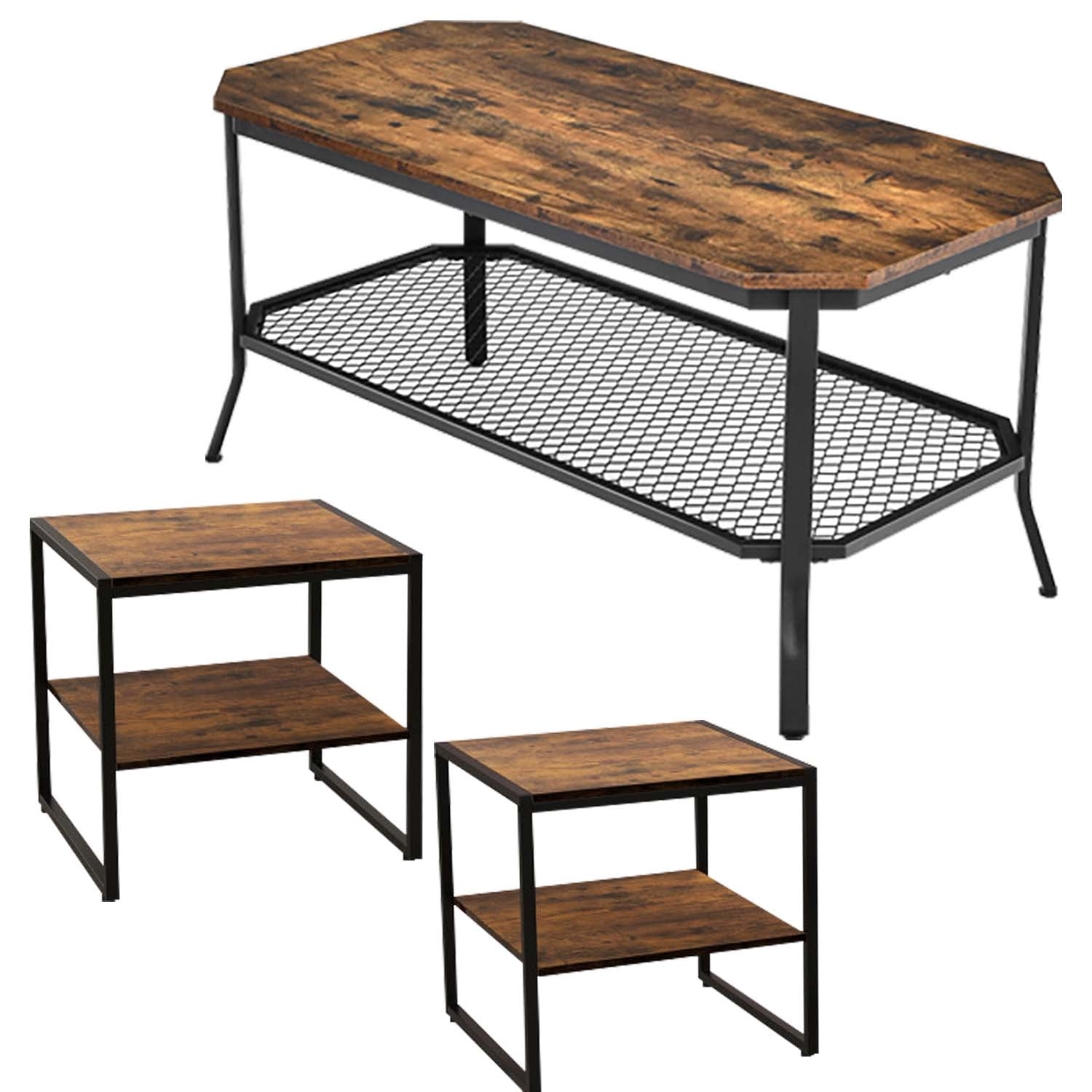 Finihen 3-Piece Industrial Coffee Table Set, Industrial Coffee Table with Open Mesh Storage Shelf & 2 Pieces Industrial 2-Tier Side Table Set with Open Shelf, for Living Room, Brown Finihen 3-Piece Industrial Coffee Table Set, Industrial Coffee Table with Open Mesh Storage Shelf & 2 Pieces Industrial 2-Tier Side Table Set with Open Shelf, for Living Room, Brown