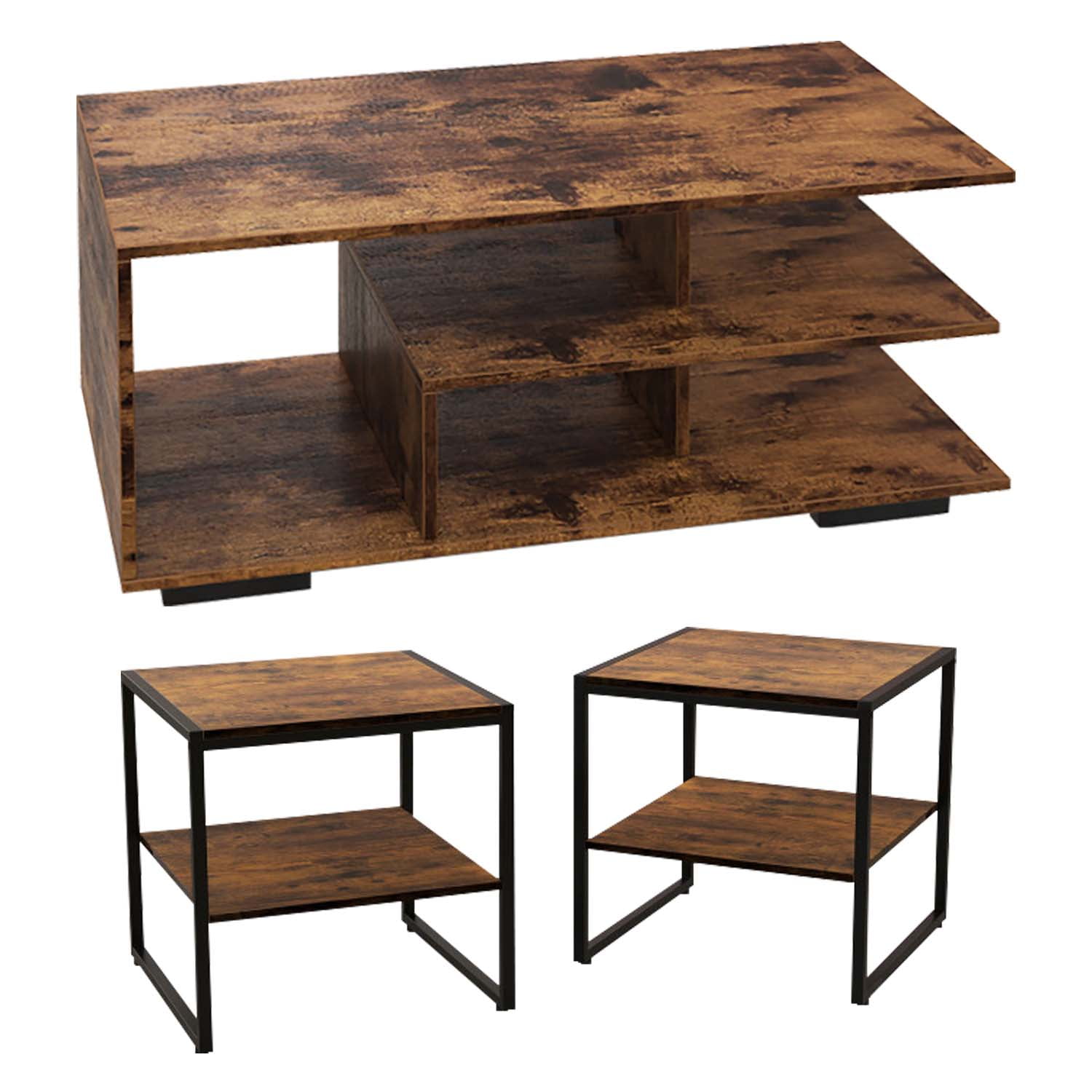 Finihen 3-Piece Industrial Coffee Table Set, Rectangular Coffee Table with L-shaped Middle Shelf & 2 Industrial 2-Tier Side Tables with Open Shelf, for Living Room, Brown Finihen 3-Piece Industrial Coffee Table Set, Rectangular Coffee Table with L-shaped Middle Shelf & 2 Industrial 2-Tier Side Tables with Open Shelf, for Living Room, Brown