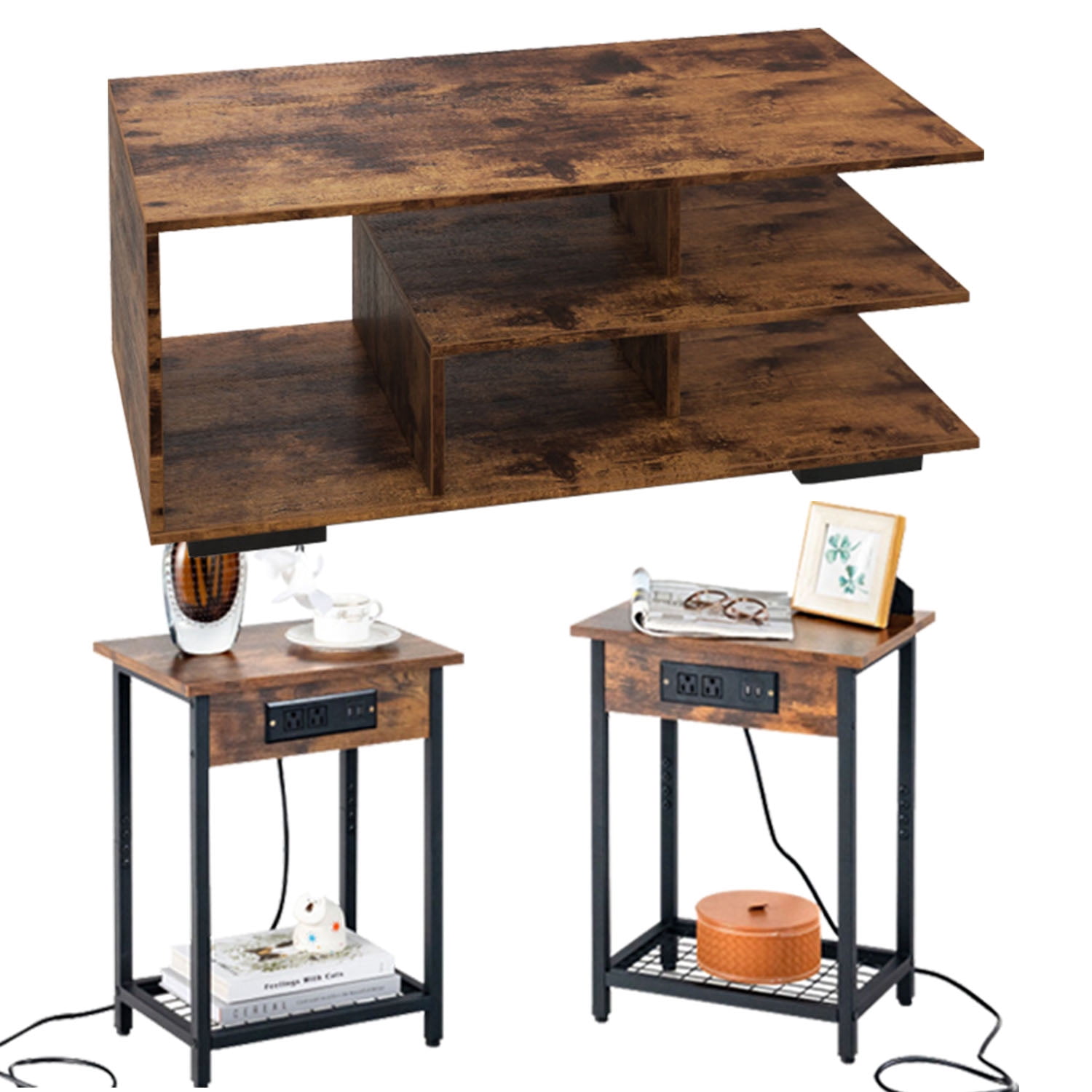 Finihen 3-Piece Industrial Coffee Table Set, Rectangular Coffee Table with L-shaped Middle Shelf & 2 Bedside Nightstands with Open Shelf and Charging Station, for Living Room, Brown Finihen 3-Piece Industrial Coffee Table Set, Rectangular Coffee Table with L-shaped Middle Shelf & 2 Bedside Nightstands with Open Shelf and Charging Station, for Living Room, Brown