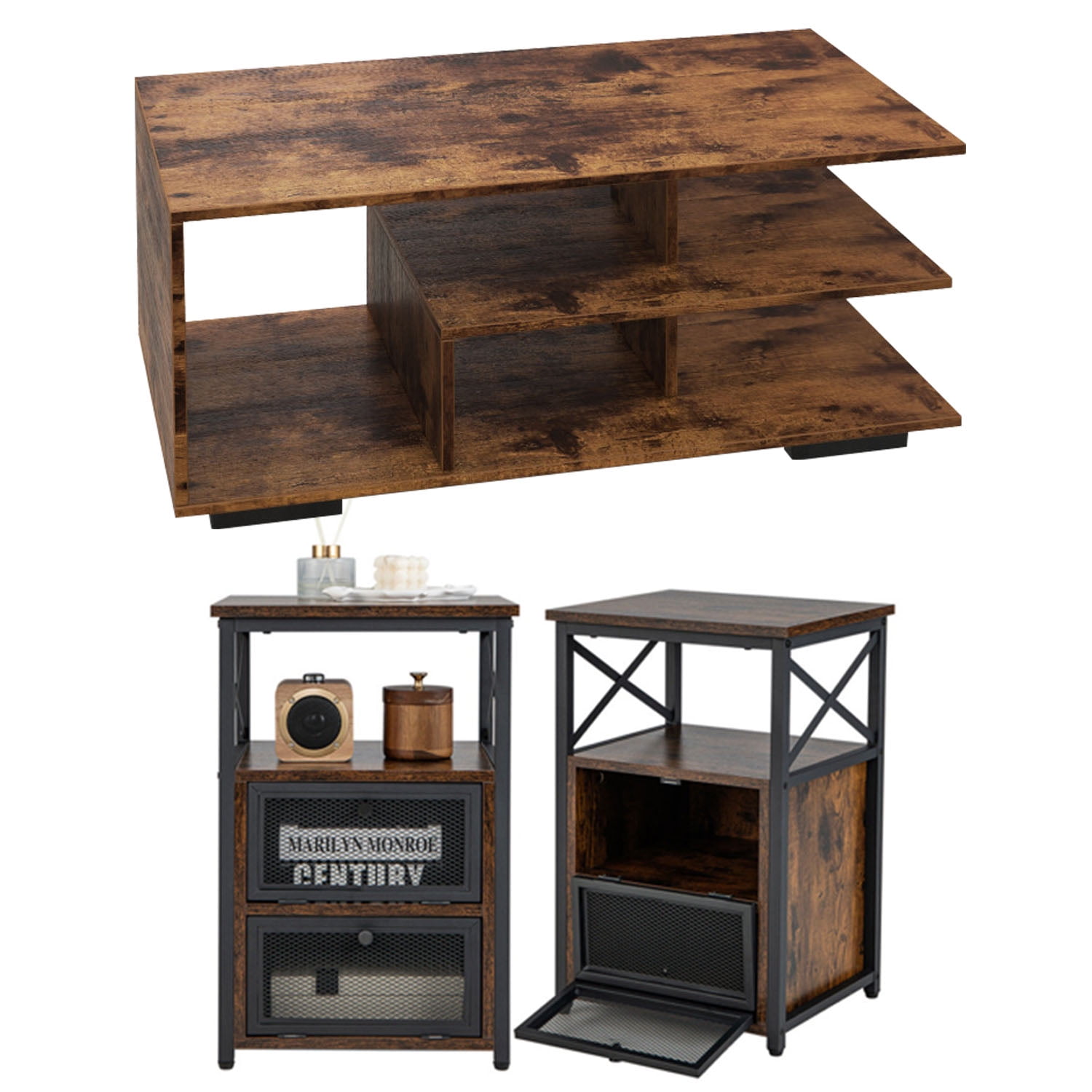 Finihen 3-Piece Industrial Coffee Table Set, Rectangular Coffee Table with L-shaped Middle Shelf & 2 Modern Nightstands with 2 Flip Drawers and Open Shelf, for Living Room, Brown Finihen 3-Piece Industrial Coffee Table Set, Rectangular Coffee Table with L-shaped Middle Shelf & 2 Modern Nightstands with 2 Flip Drawers and Open Shelf, for Living Room, Brown