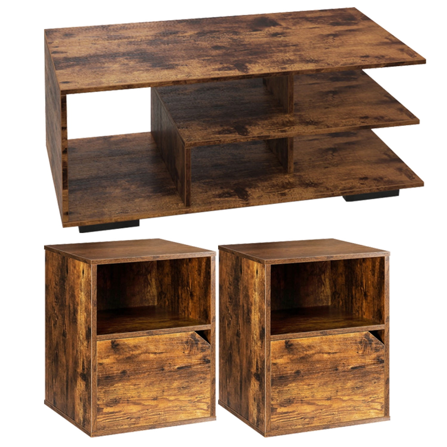 Finihen 3-Piece Industrial Coffee Table Set, Rectangular Coffee Table with L-shaped Middle Shelf & Set of 2 Nightstands Side End Tables, for Living Room, Brown Finihen 3-Piece Industrial Coffee Table Set, Rectangular Coffee Table with L-shaped Middle Shelf & Set of 2 Nightstands Side End Tables, for Living Room, Brown