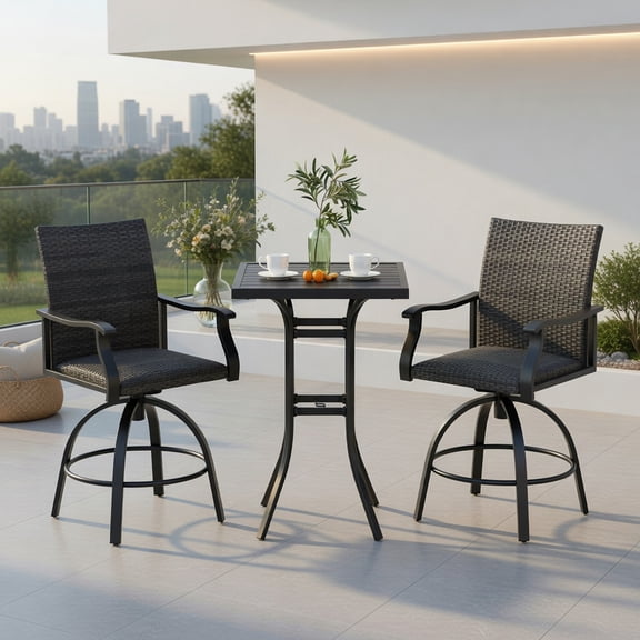 Demi Bonn 3 Pieces PE Wicker Patio Swivel Bar Set with Quick-Drying Foam, Outdoor Bistro Sets Accent Furniture for Yard, Garden, Black