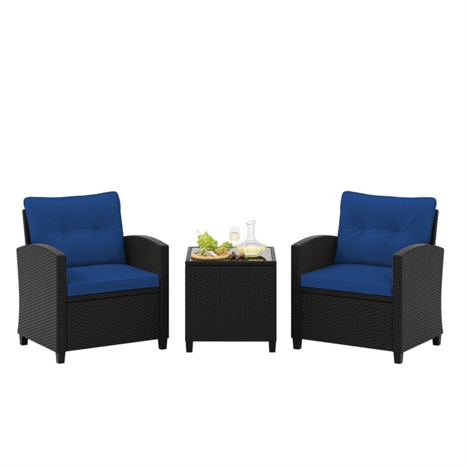 Demi Bonn 3 Pieces Rattan Patio Furniture Set with Washable Cushion, Conversation Armchairs for Garden Poolside Balcony, Navy