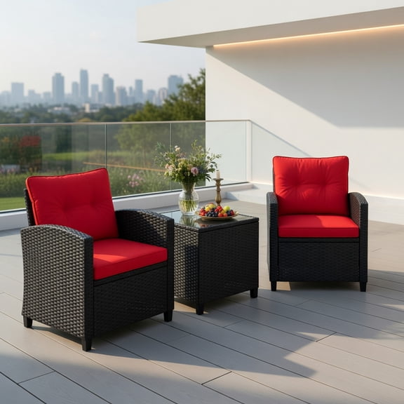 Demi Bonn 3 Pieces Rattan Patio Furniture Set with Washable Cushion, Conversation Armchairs for Garden Poolside Balcony, Red