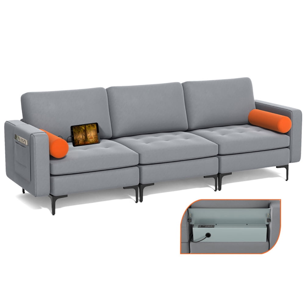 Finihen 3-Seat Sofa Couch, Modular 3-Seat Sofa Couch with Socket USB Ports and Side Storage Pocket, for Living Room, Bedroom, Gray Finihen 3-Seat Sofa Couch, Modular 3-Seat Sofa Couch with Socket USB Ports and Side Storage Pocket, for Living Room, Bedroom, Gray