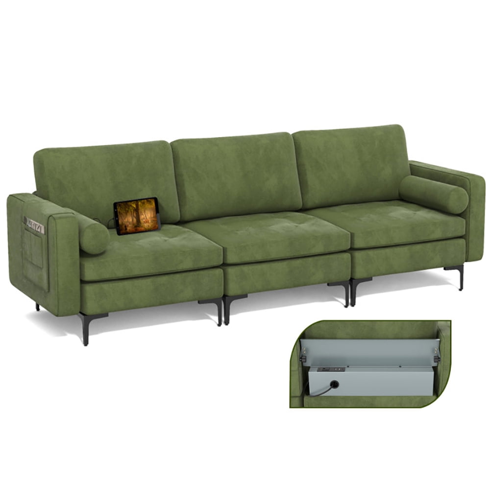Finihen 3-Seat Sofa Couch, Modular 3-Seat Sofa Couch with Socket USB Ports and Side Storage Pocket, for Living Room, Bedroom, Green Finihen 3-Seat Sofa Couch, Modular 3-Seat Sofa Couch with Socket USB Ports and Side Storage Pocket, for Living Room, Bedroom, Green
