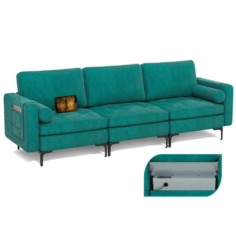 Finihen 3-Seat Sofa Couch, Modular 3-Seat Sofa Couch with Socket USB Ports and Side Storage Pocket, for Living Room, Bedroom, Teal Finihen 3-Seat Sofa Couch, Modular 3-Seat Sofa Couch with Socket USB Ports and Side Storage Pocket, for Living Room, Bedroom, Teal