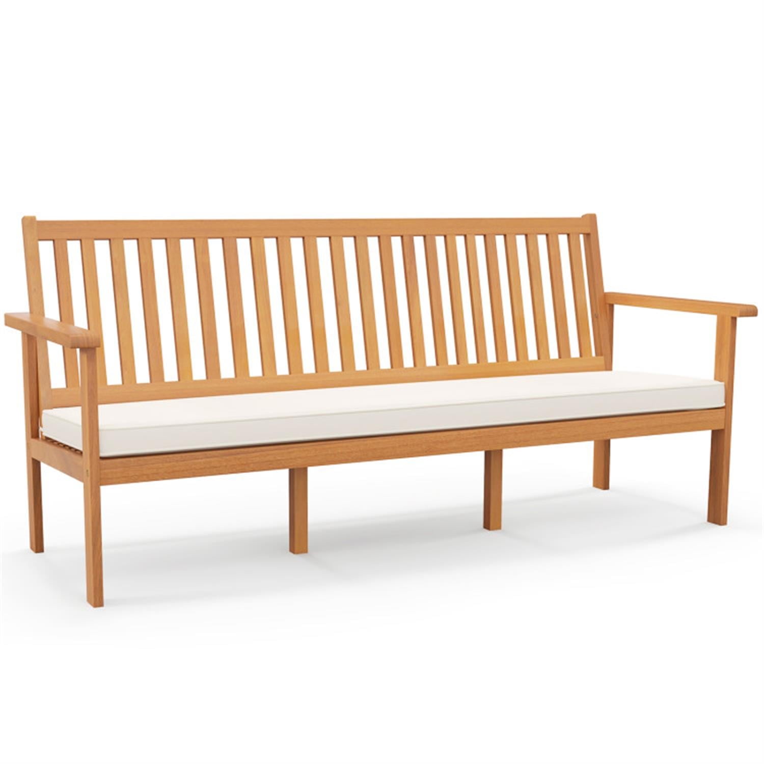Demi Bonn 3-Seat Wood Outdoor Bench with Seat Cushion and Slatted Seat, Conversation Dining Bench for Garden Poolside Balcony, Beige