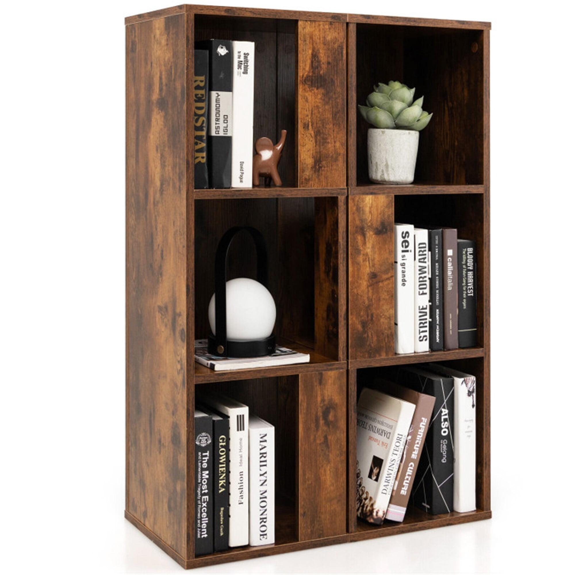 Finihen 3-Tier 6 Cube Freestanding Bookshelf with Anti-toppling Device, Corner Combination Bookcase, Brown Finihen 3-Tier 6 Cube Freestanding Bookshelf with Anti-toppling Device, Corner Combination Bookcase, Brown