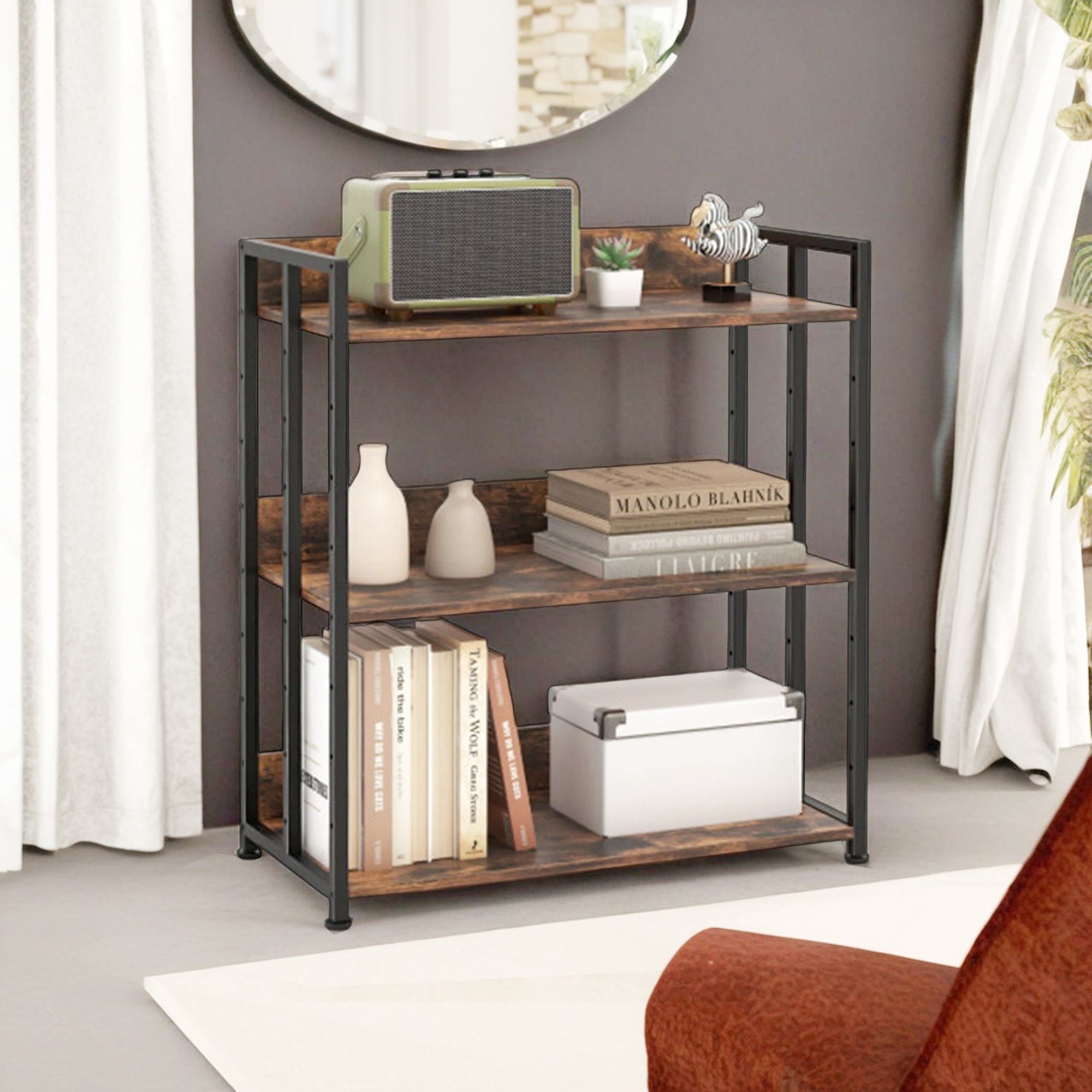 Demi Bonn 3-Tier Bookshelf, Bookcase with Adjustable Shelves and Metal Frame, Brown