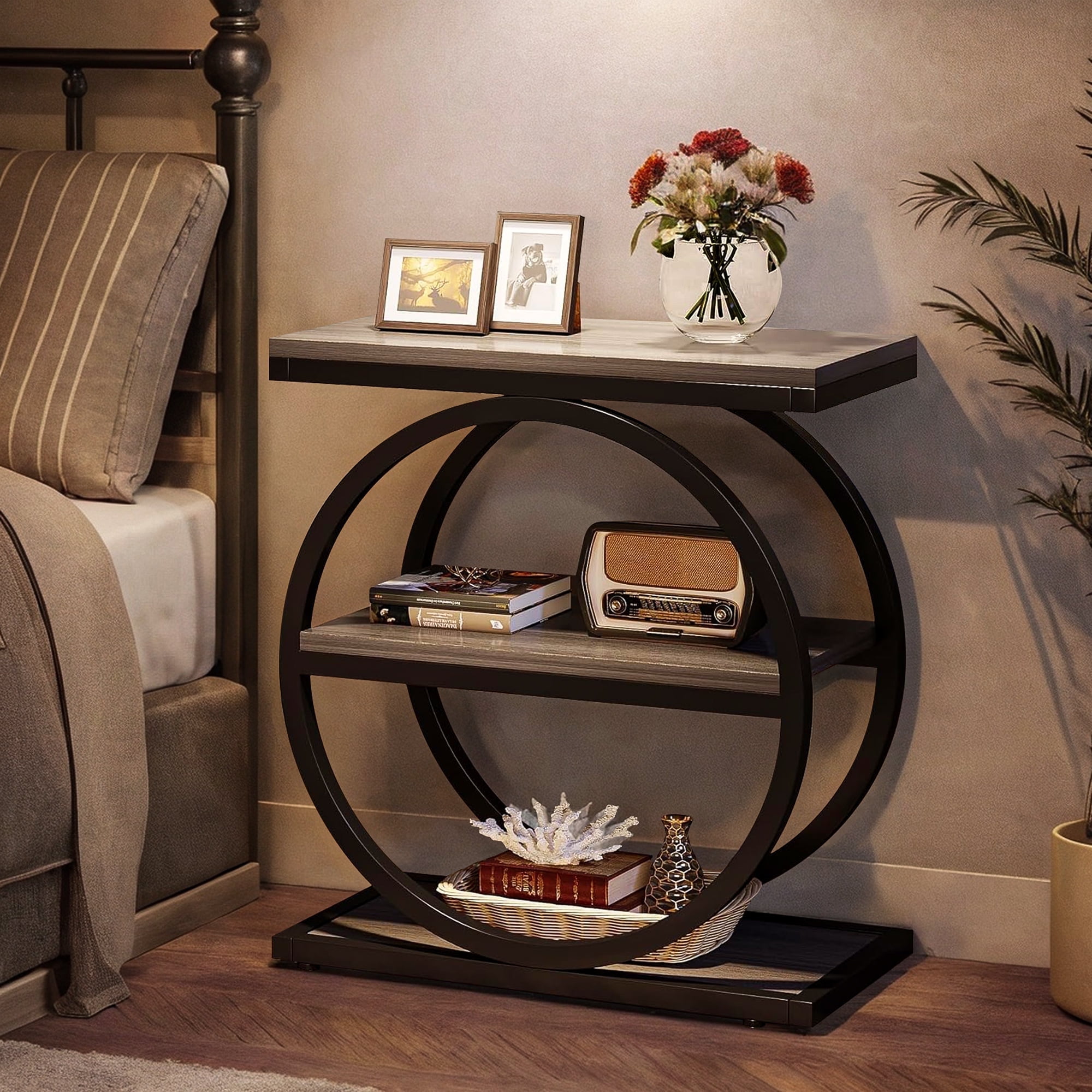 Demi Bonn 3-Tier End Table, Industrial Sofa Side Table with Round Metal Frame for Hallway, Entrance, Living Room, Bedroom, Gray