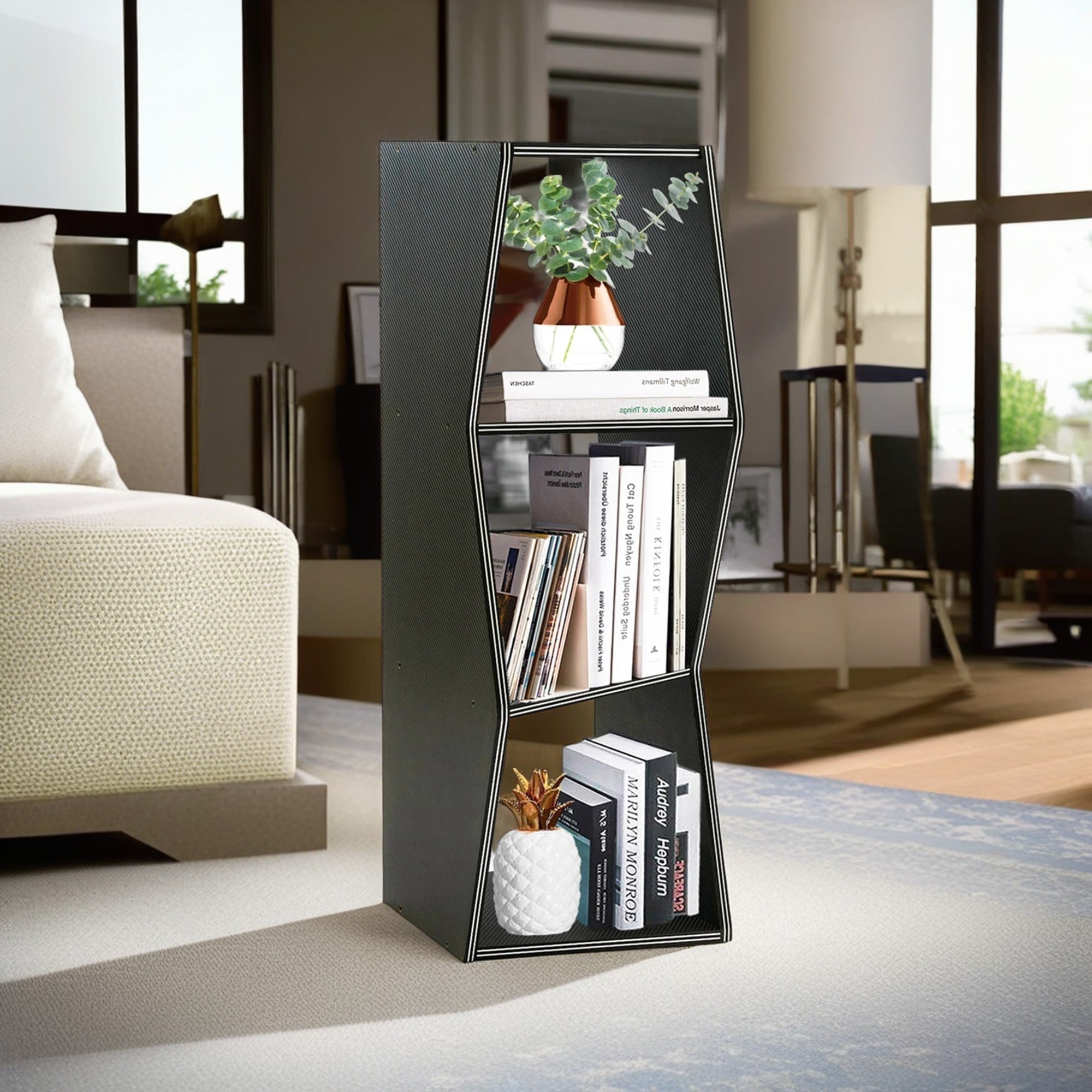 Demi Bonn 3-Tier Geometric Book Shelf Bookcase, Wood Narrow Bookshelves Storage Organizer Display Rack for Bedroom Home Office, Black