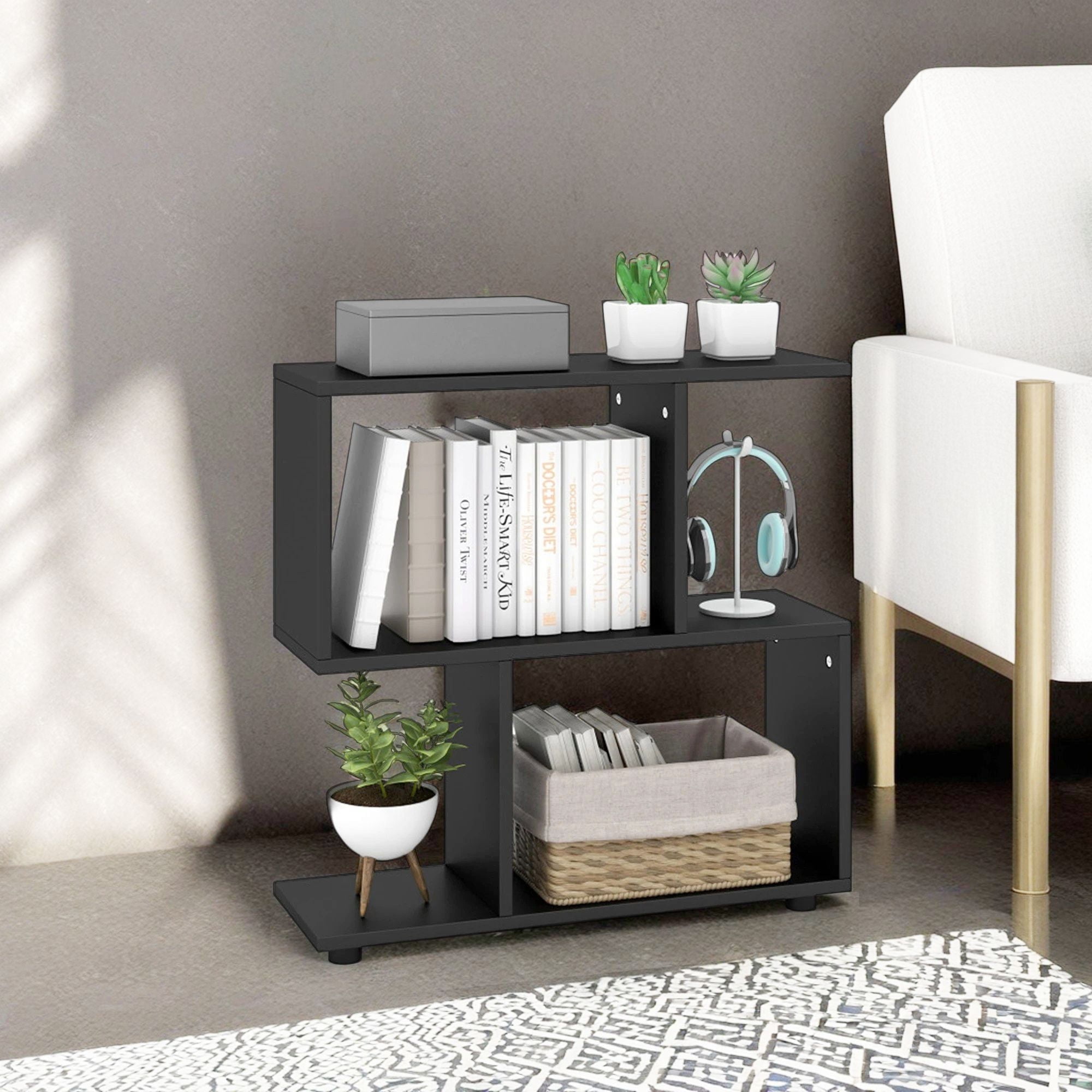 Demi Bonn 3-Tier Geometric Bookshelf with Thick Foot Pads, 24" Bookcase, Black