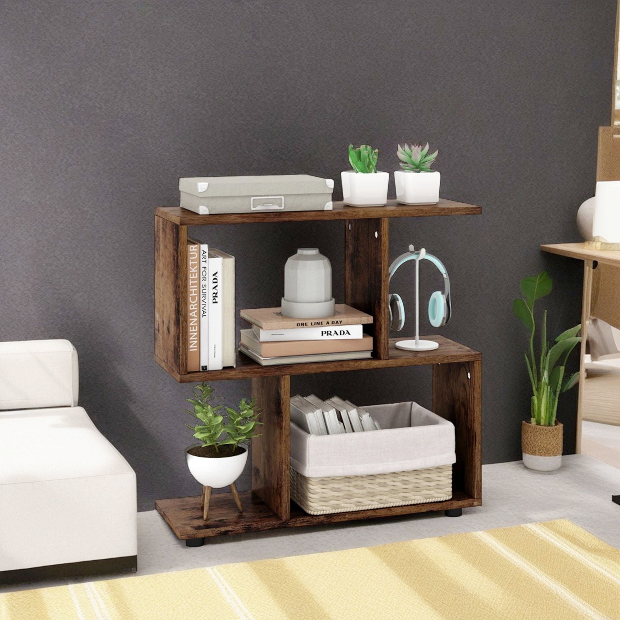 Demi Bonn 3-Tier Geometric Bookshelf with Thick Foot Pads, 24" Bookcase, Brown