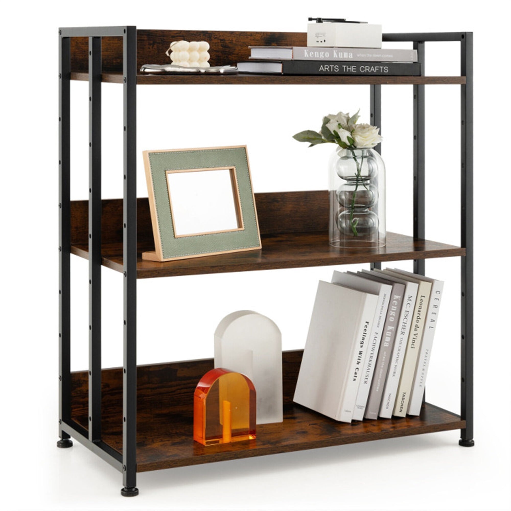 Demi Bonn 3-Tierdustrial Bookshelf Storage Shelf Display Rack with Adjustable Shelves, Brown