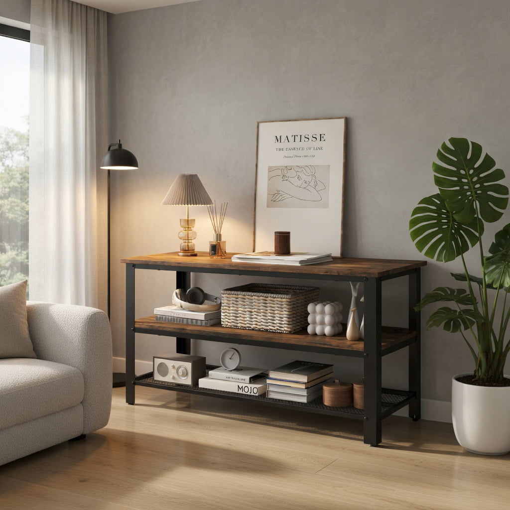 Demi Bonn 3-Tier Industrial TV Stand with Metal Mesh Shelf, Media Entertainment Center with Storage for Living Room, Brown