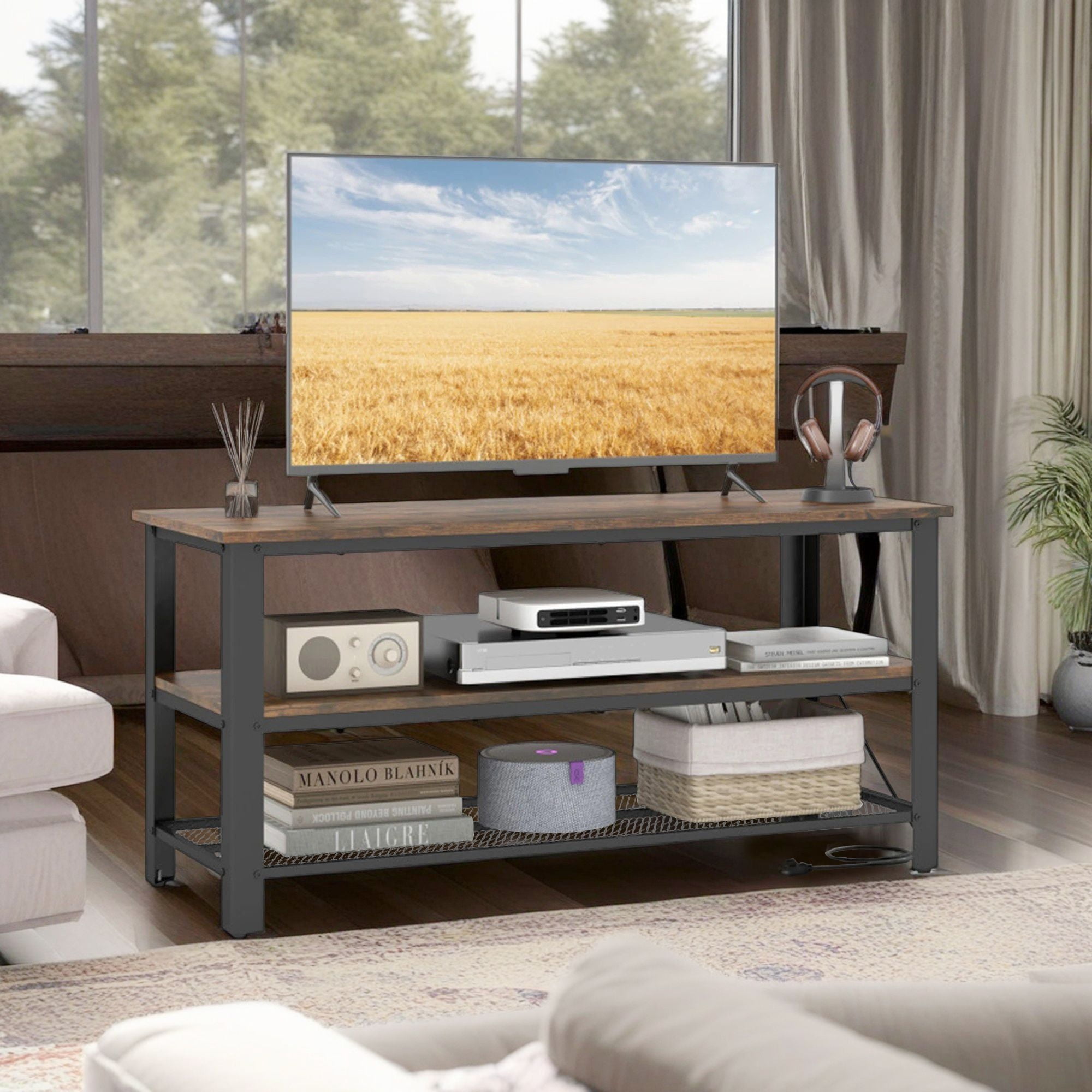 Demi Bonn 3-Tier Industrial TV Stand with Metal Mesh Shelf, Media Entertainment Center with Storage for Living Room, Brown