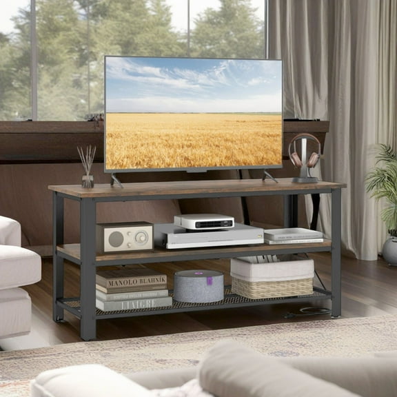Demi Bonn 3-Tier Industrial TV Stand with Metal Mesh Shelf, Media Entertainment Center with Storage for Living Room, Brown