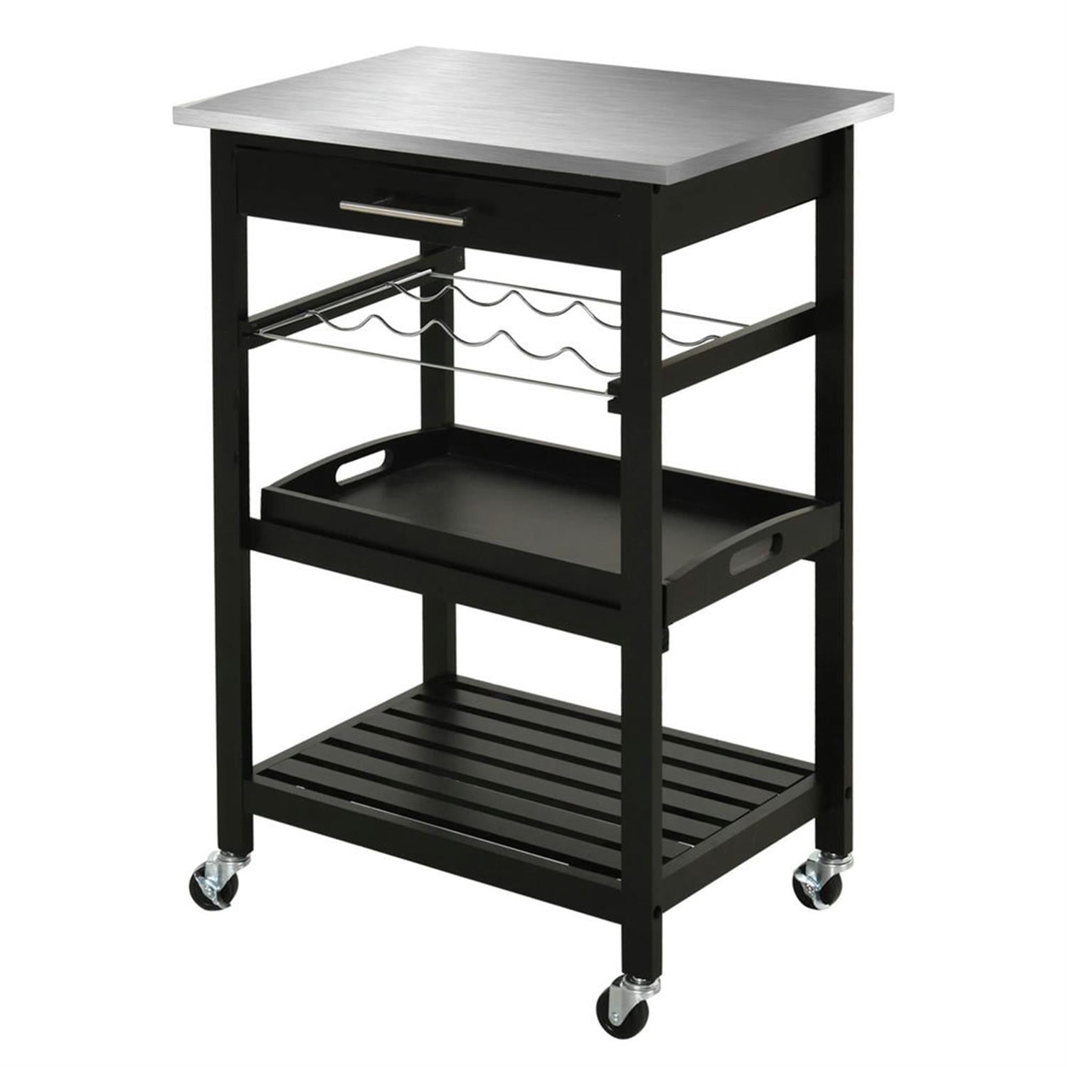 Demi Bonn 3-Tier Kitchen Island Cart on Wheels with Open Storage Shelves, Rolling Dining Room Serving Utility Carts Mobile Movable with Stainless Steel Top, Black