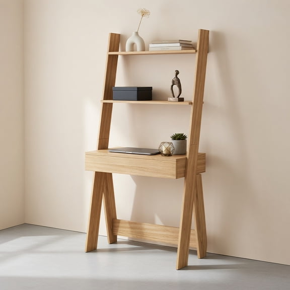 Demi Bonn 3-Tier Ladder Bookshelf, Desk Bookcase with Countertop Drawer and 2 Shelves, Beige