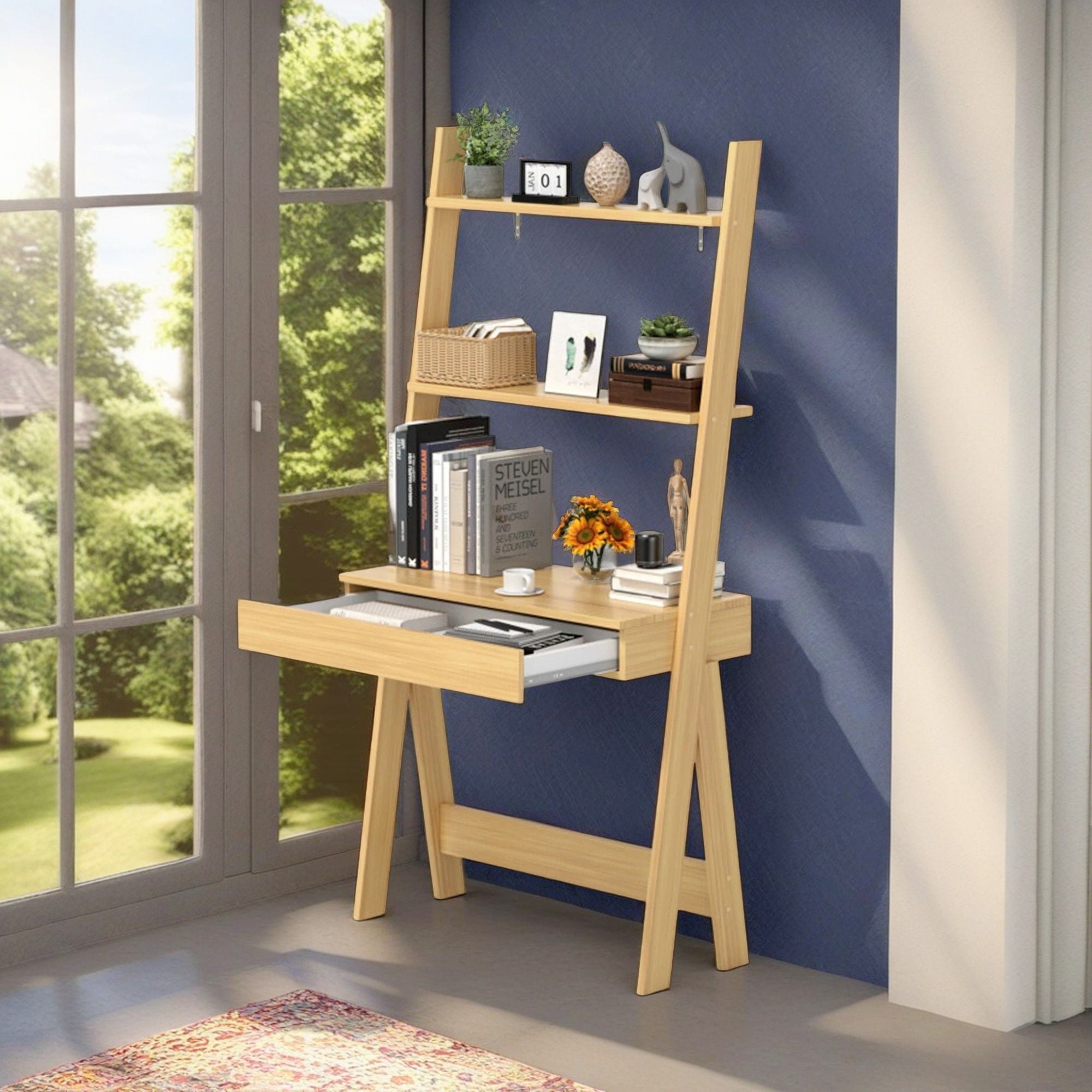 Demi Bonn 3-Tier Ladder Bookshelf, Desk Bookcase with Countertop Drawer and 2 Shelves, Beige