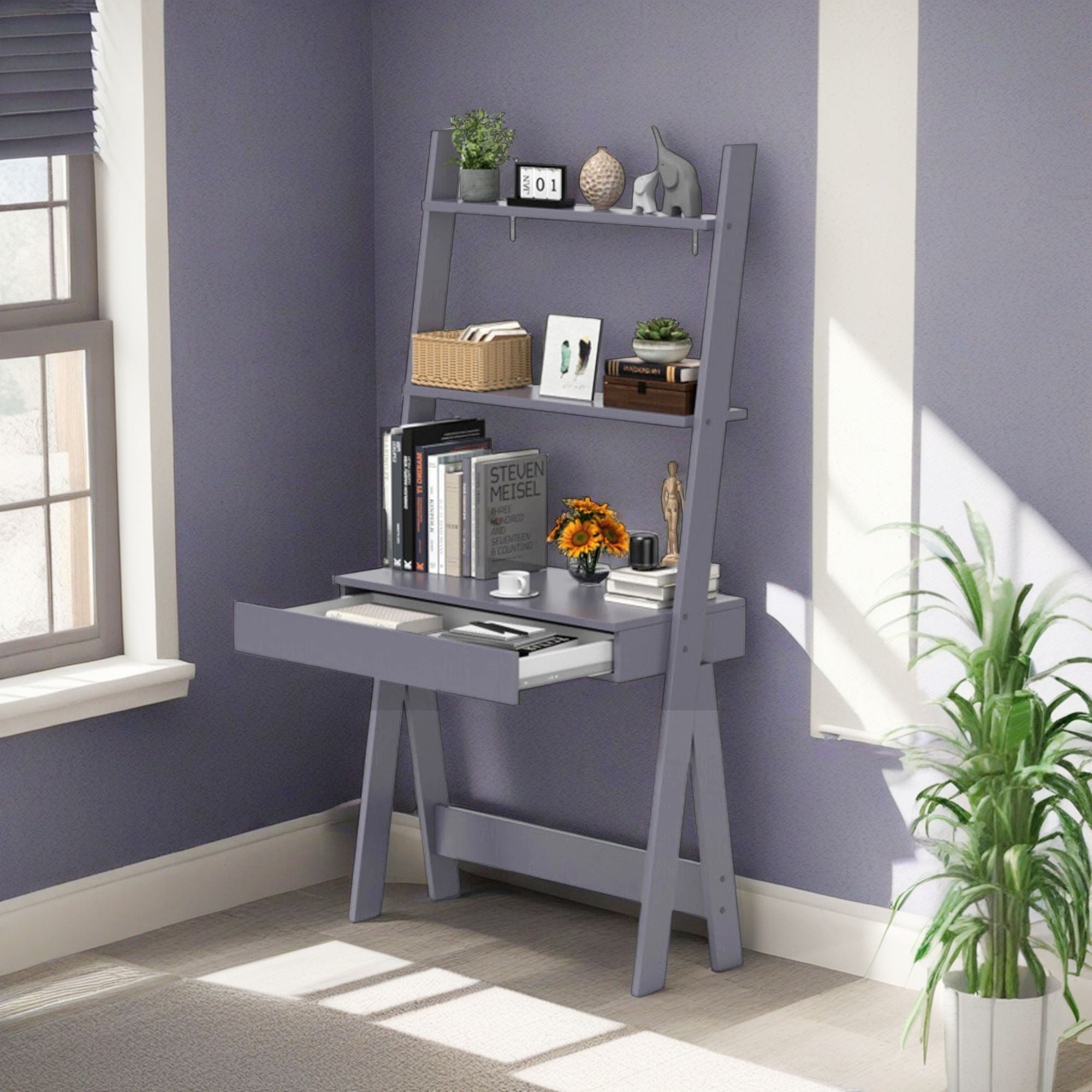 Demi Bonn 3-Tier Ladder Bookshelf, Desk Bookcase with Countertop Drawer and 2 Shelves, Gray