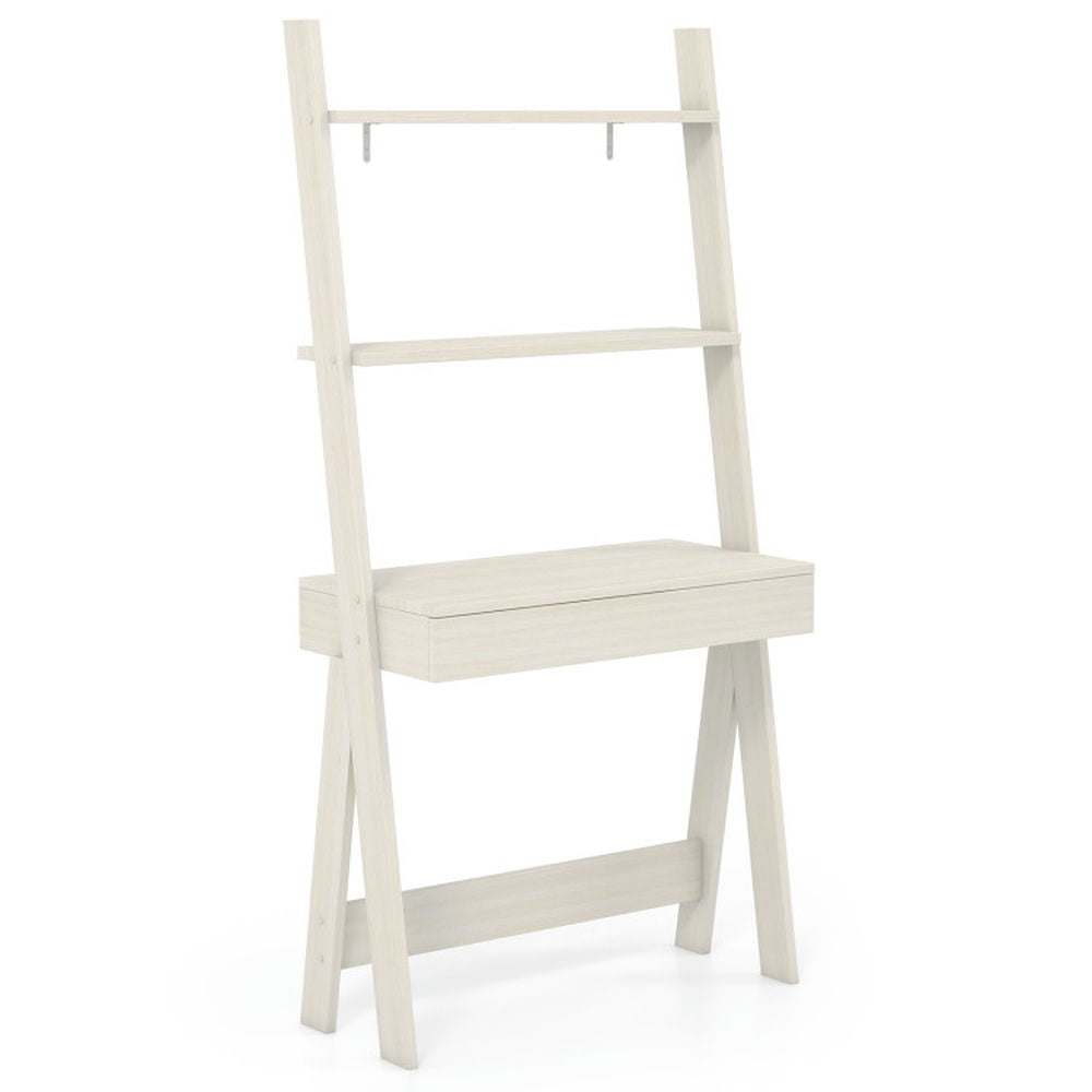 Finihen 3-Tier Ladder Bookshelf, Desk Bookcase with Countertop Drawer and 2 Shelves, White Finihen 3-Tier Ladder Bookshelf, Desk Bookcase with Countertop Drawer and 2 Shelves, White