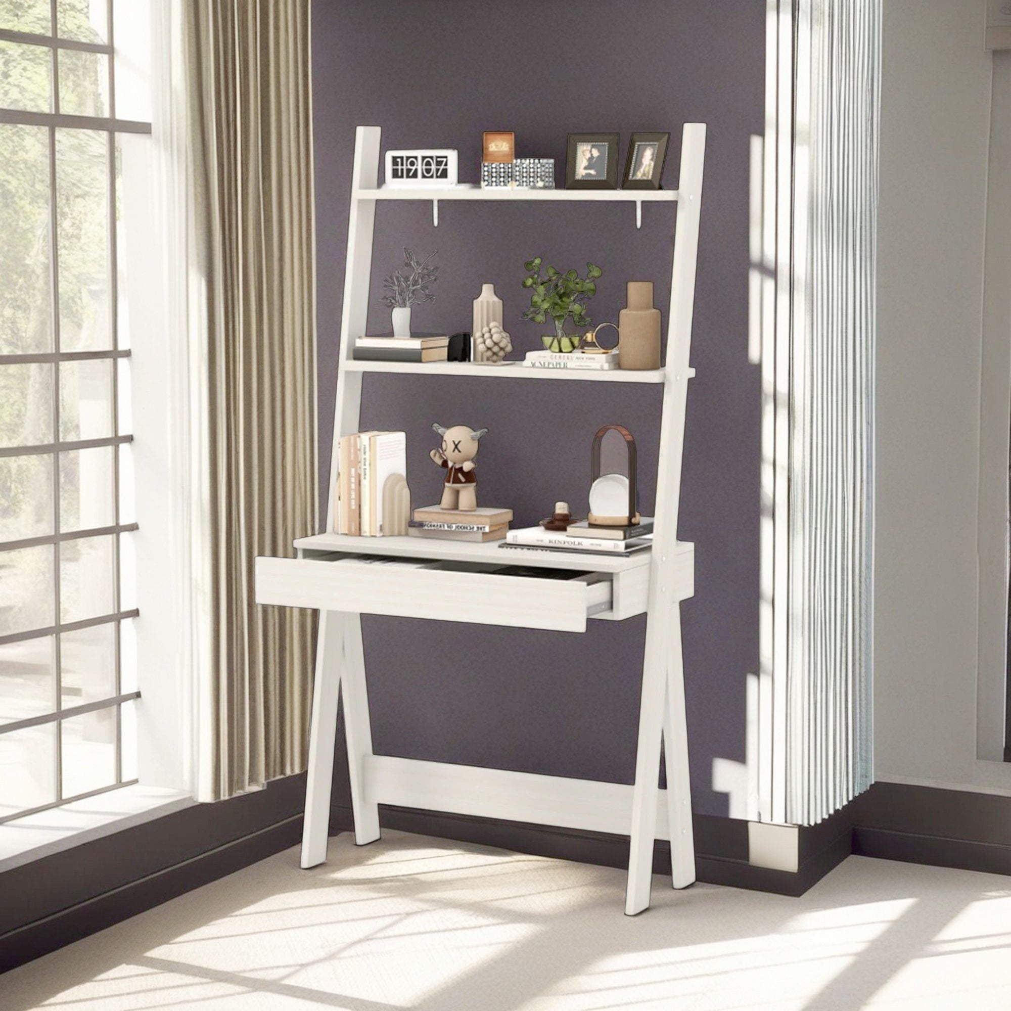 Demi Bonn 3-Tier Ladder Bookshelf, Desk Bookcase with Countertop Drawer and 2 Shelves, White