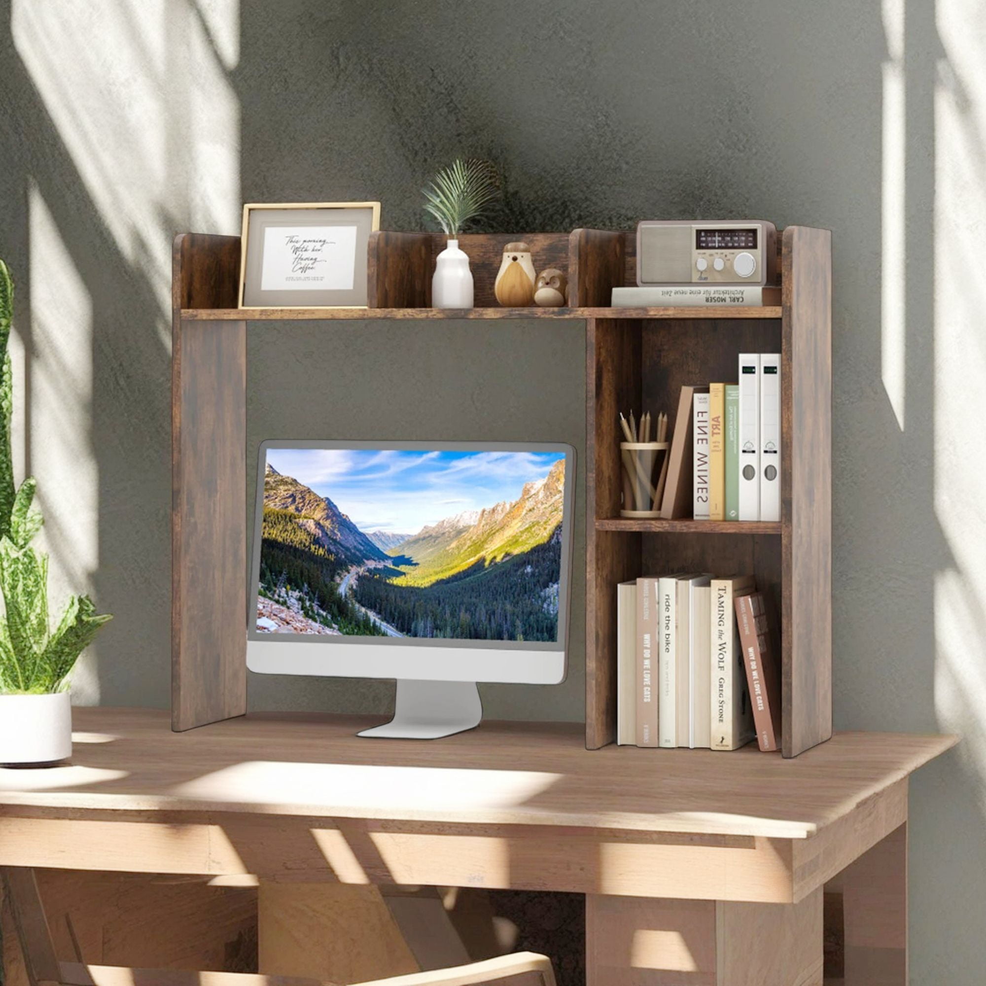 Finihen 3-Tier Multipurpose Desk Bookshelf with 4 Shelves, Freestanding Display Shelf, Brown Finihen 3-Tier Multipurpose Desk Bookshelf with 4 Shelves, Freestanding Display Shelf, Brown