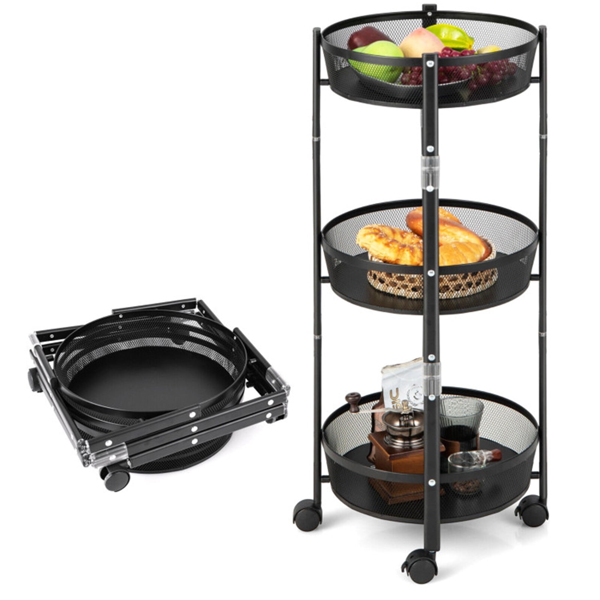 Demi Bonn 3-Tier Rotating 1-Second folding Storage Rack Cart Metal Organizer with 4 Universal Casters, Round
