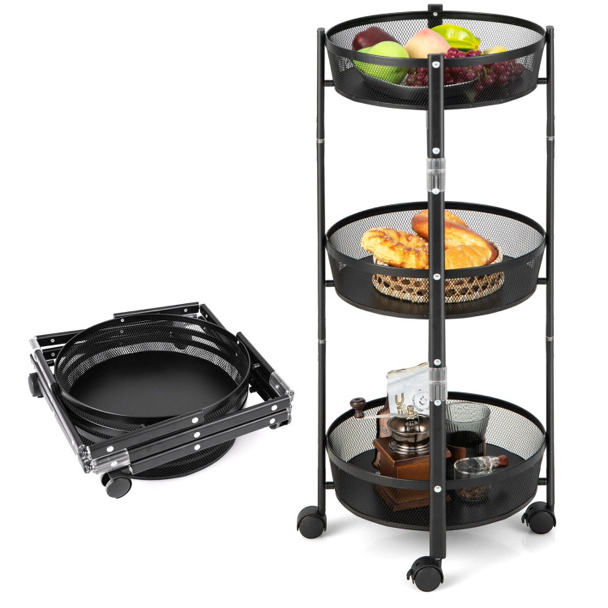 Finihen 3-Tier Rotating 1-Second folding Storage Rack Cart Metal Organizer with 4 Universal Casters, Round Finihen 3-Tier Rotating 1-Second folding Storage Rack Cart Metal Organizer with 4 Universal Casters, Round
