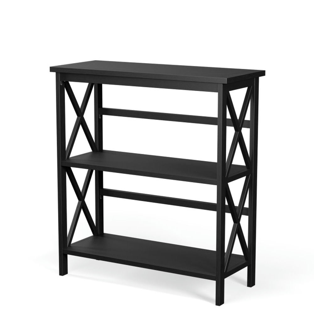Finihen 3-Tier Wooden Bookshelf, Multi-Functional X-Design Etagere Storage Bookcase, Black Finihen 3-Tier Wooden Bookshelf, Multi-Functional X-Design Etagere Storage Bookcase, Black