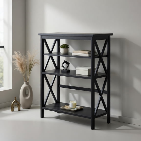 Demi Bonn 3-Tier Wooden Bookshelf, Multi-Functional X-Design Etagere Storage Bookcase, Black