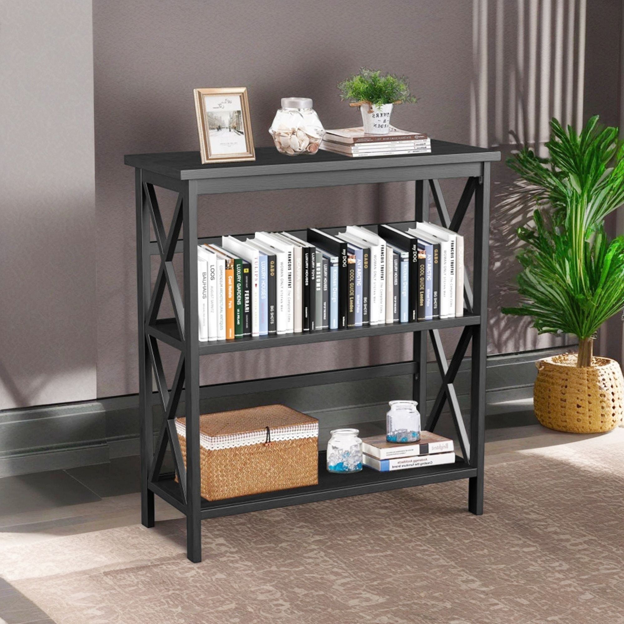 Demi Bonn 3-Tier Wooden Bookshelf, Multi-Functional X-Design Etagere Storage Bookcase, Black