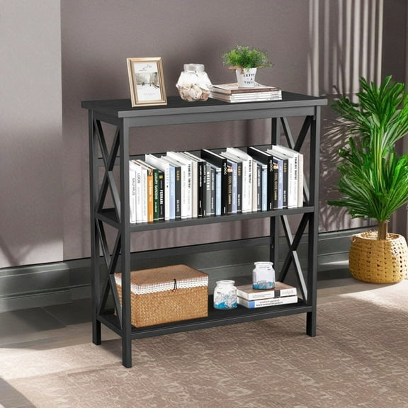 Demi Bonn 3-Tier Wooden Bookshelf, Multi-Functional X-Design Etagere Storage Bookcase, Black