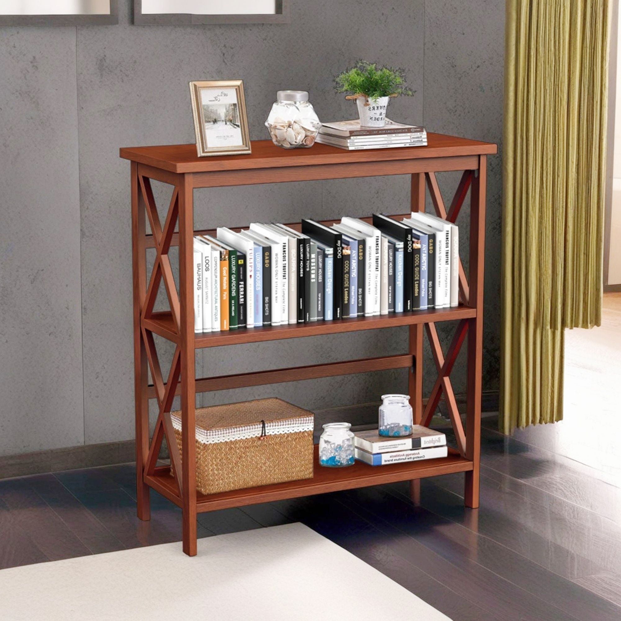 Demi Bonn 3-Tier Wooden Bookshelf, Multi-Functional X-Design Etagere Storage Bookcase, Brown